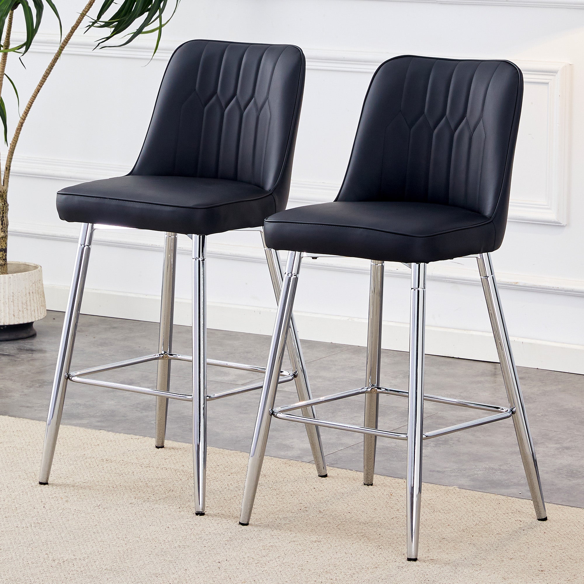 Set of 2 Bar Stools 100cm High with Footrest, Black PU Leather