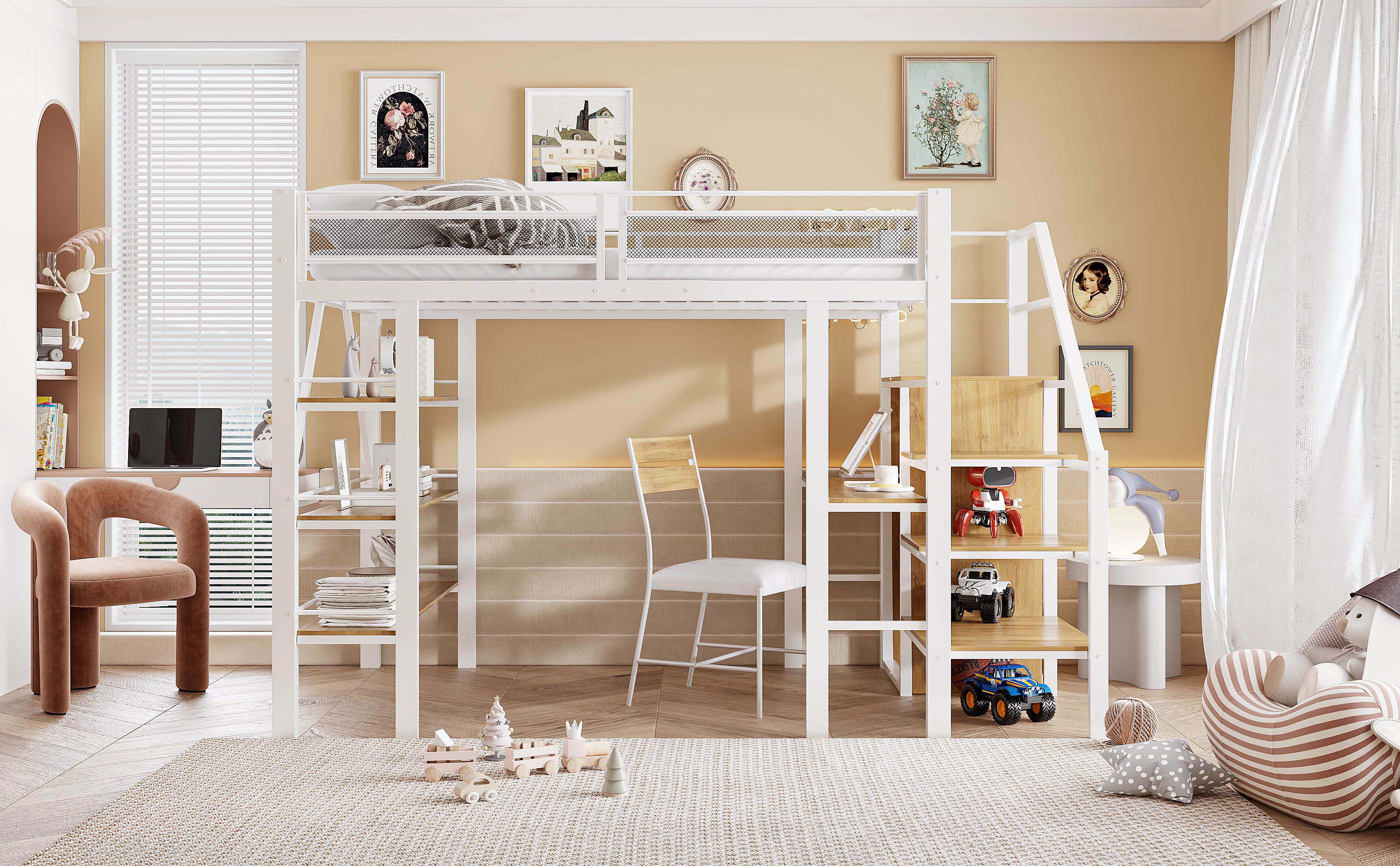 Loft Bed, 140x200cm with Storage Shelf, Desk, Wardrobe, Safety Steps, Iron, White