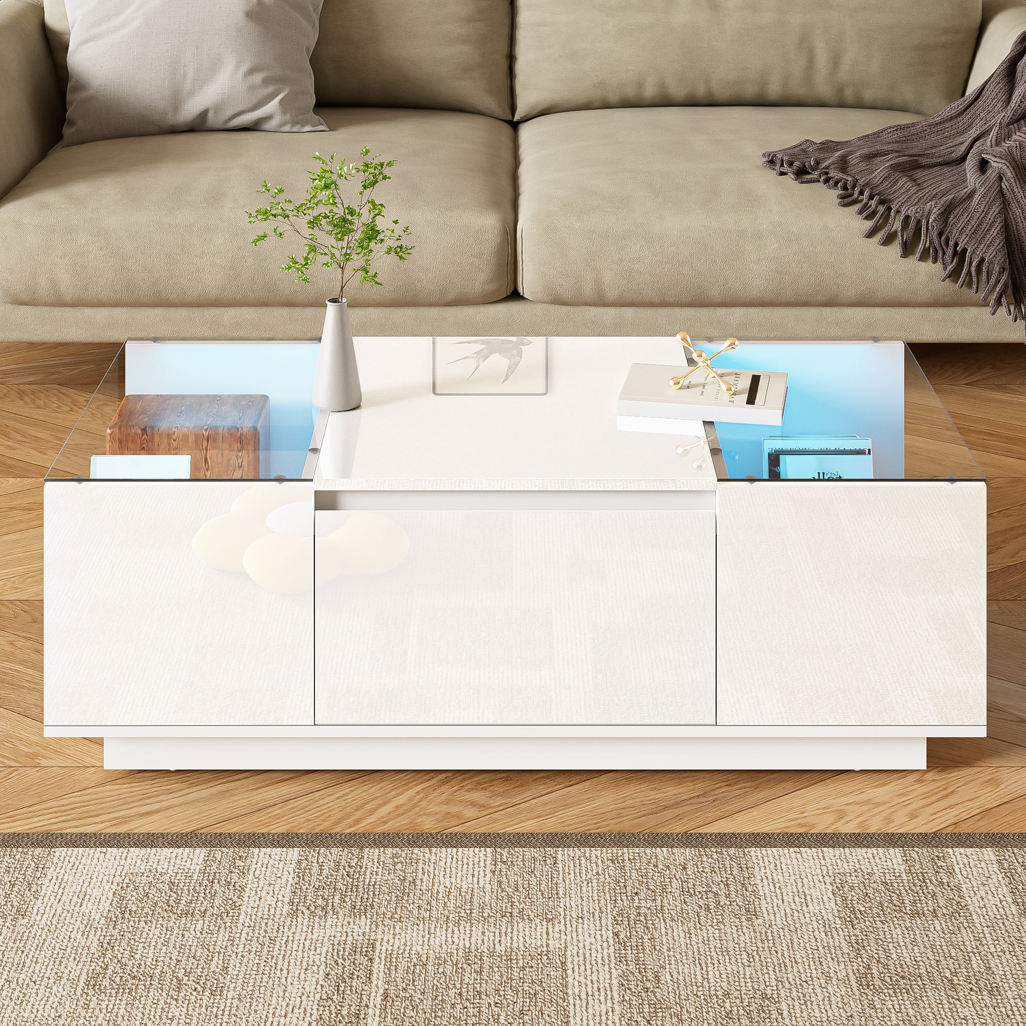 Coffee Table Modern Minimalist 105cm, Storage, LED, Glass Top, 2 Drawers