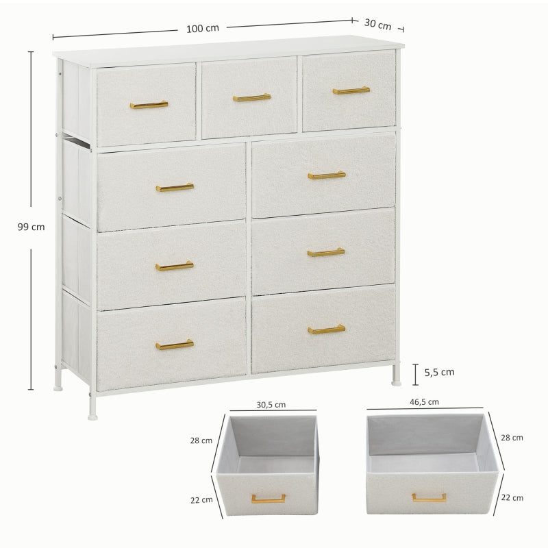 Chest of Drawers Sideboard 9 Fabric Drawers Storage Cabinet, Cream White