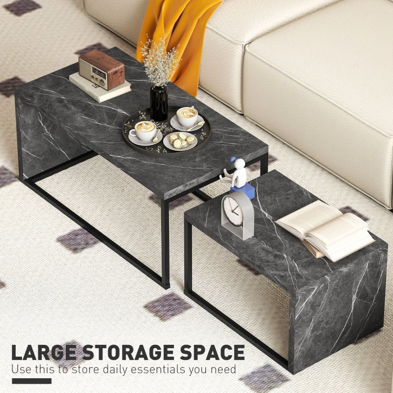 Coffee Tables Set of 2, Industrial Nesting Metal Frame, Dark Grey Marble Effect