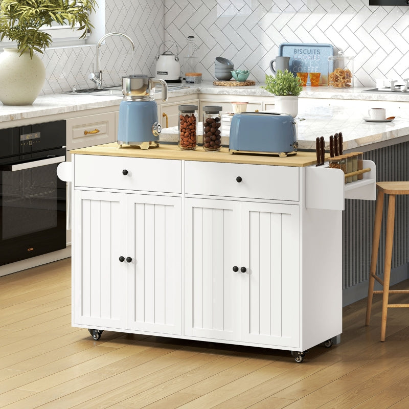Rolling Kitchen Island 2 Drawers 2 Cabinets Spice Towel Knife Storage - White MDF
