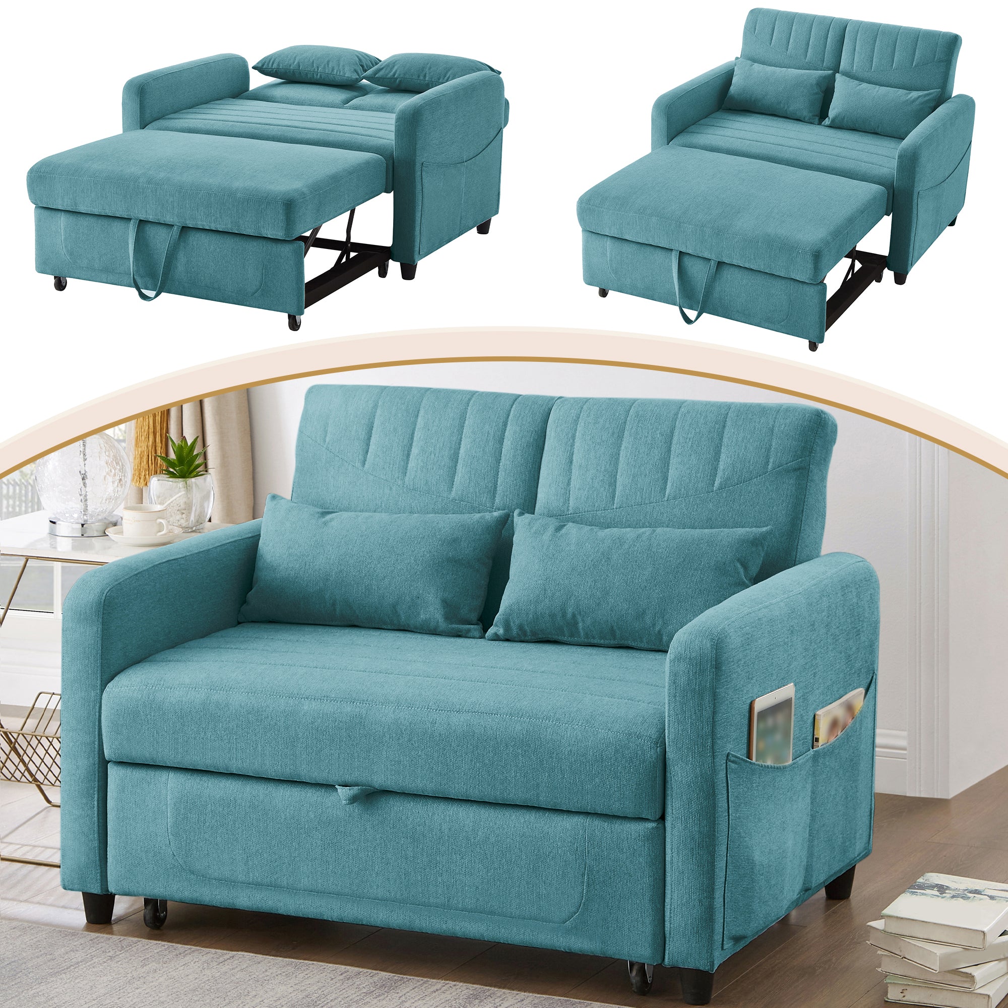 Sofa Bed, Two-Seater Folding Extendable, Three-Level Adjustable Backrest, Cotton Linen Fabric