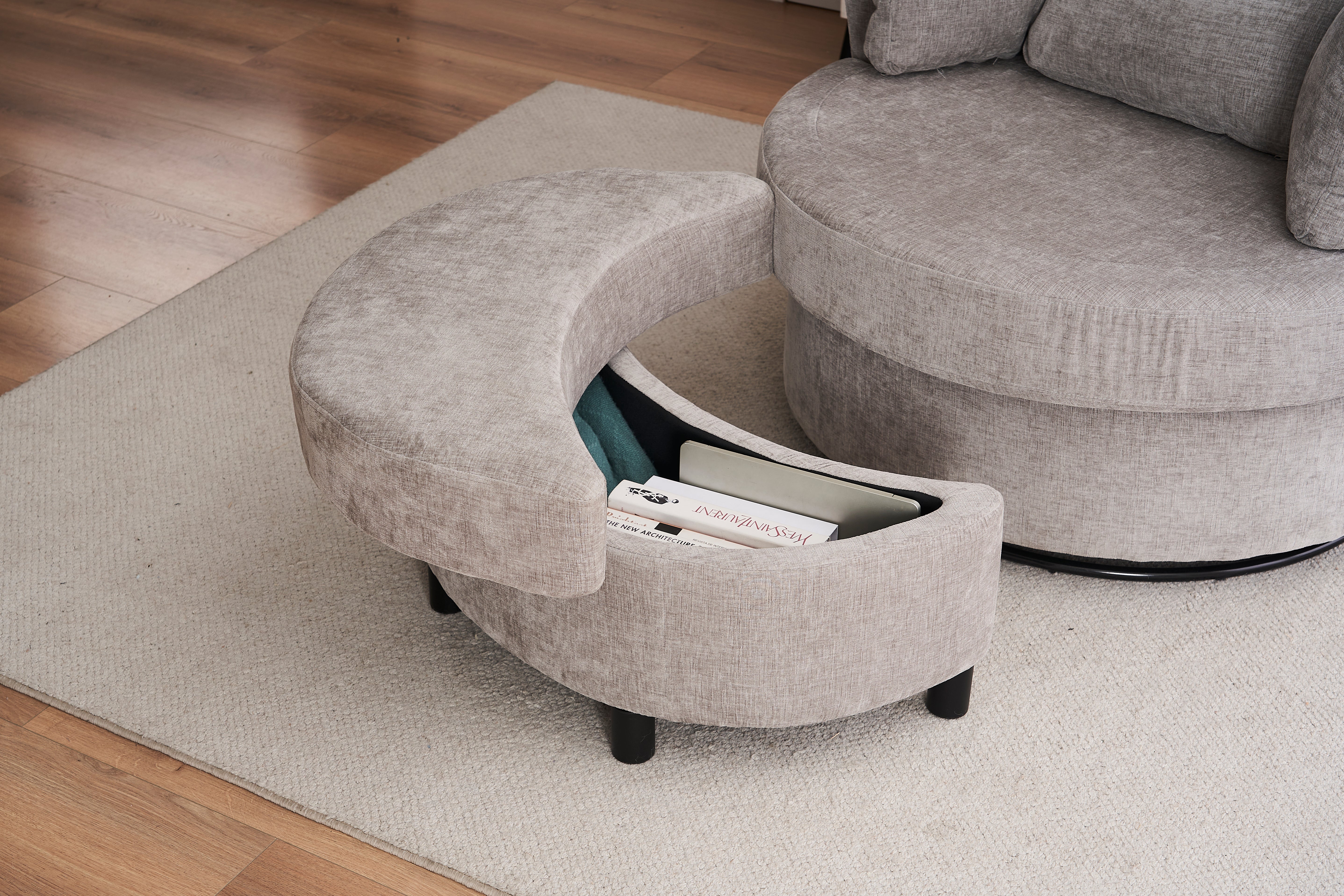 Chenille Swivel Armchair with 3 Back Cushion Pillow and Ottoman Crescent Stool