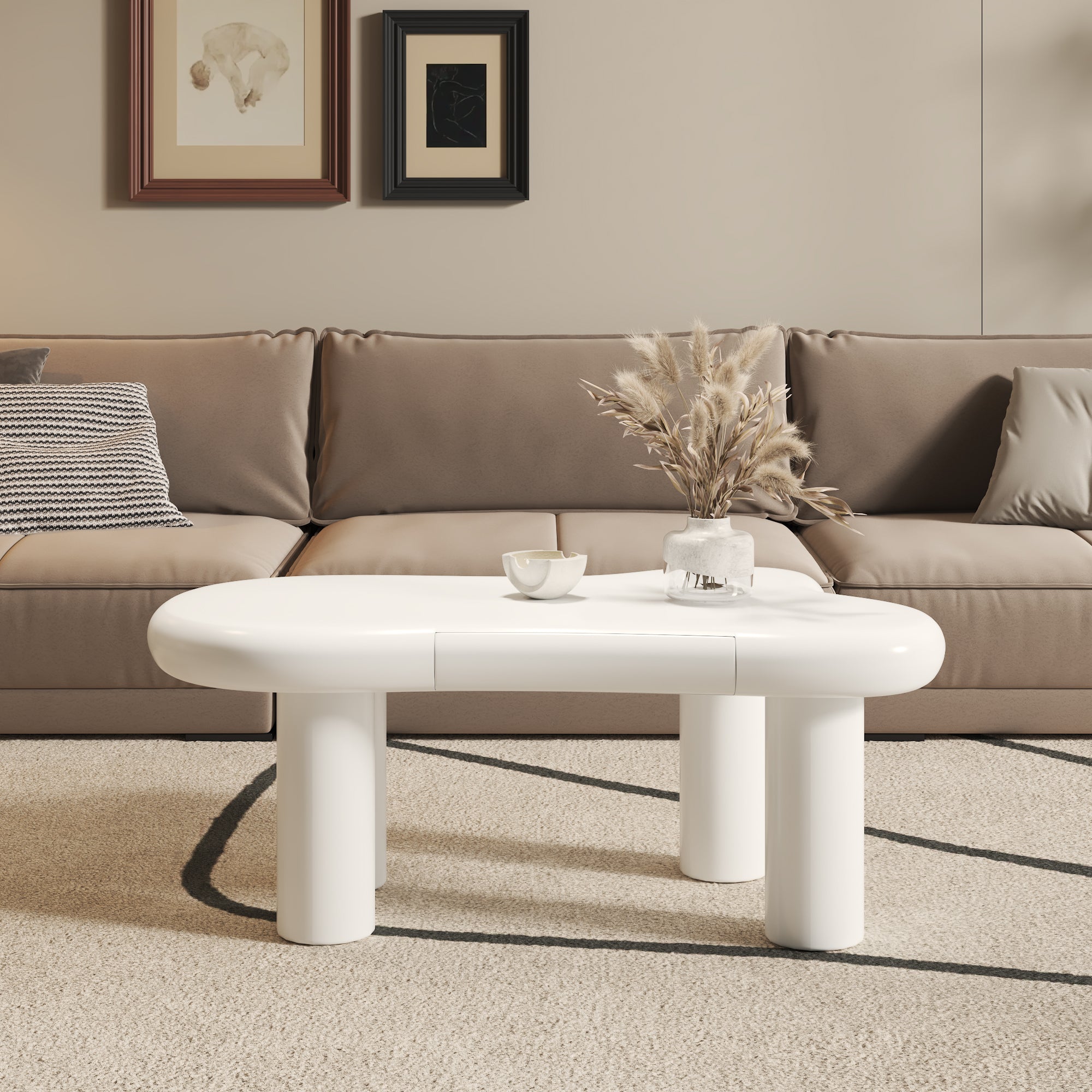 Coffee Table, Cloud-Shaped with 16-Color LED & Drawer, White MDF