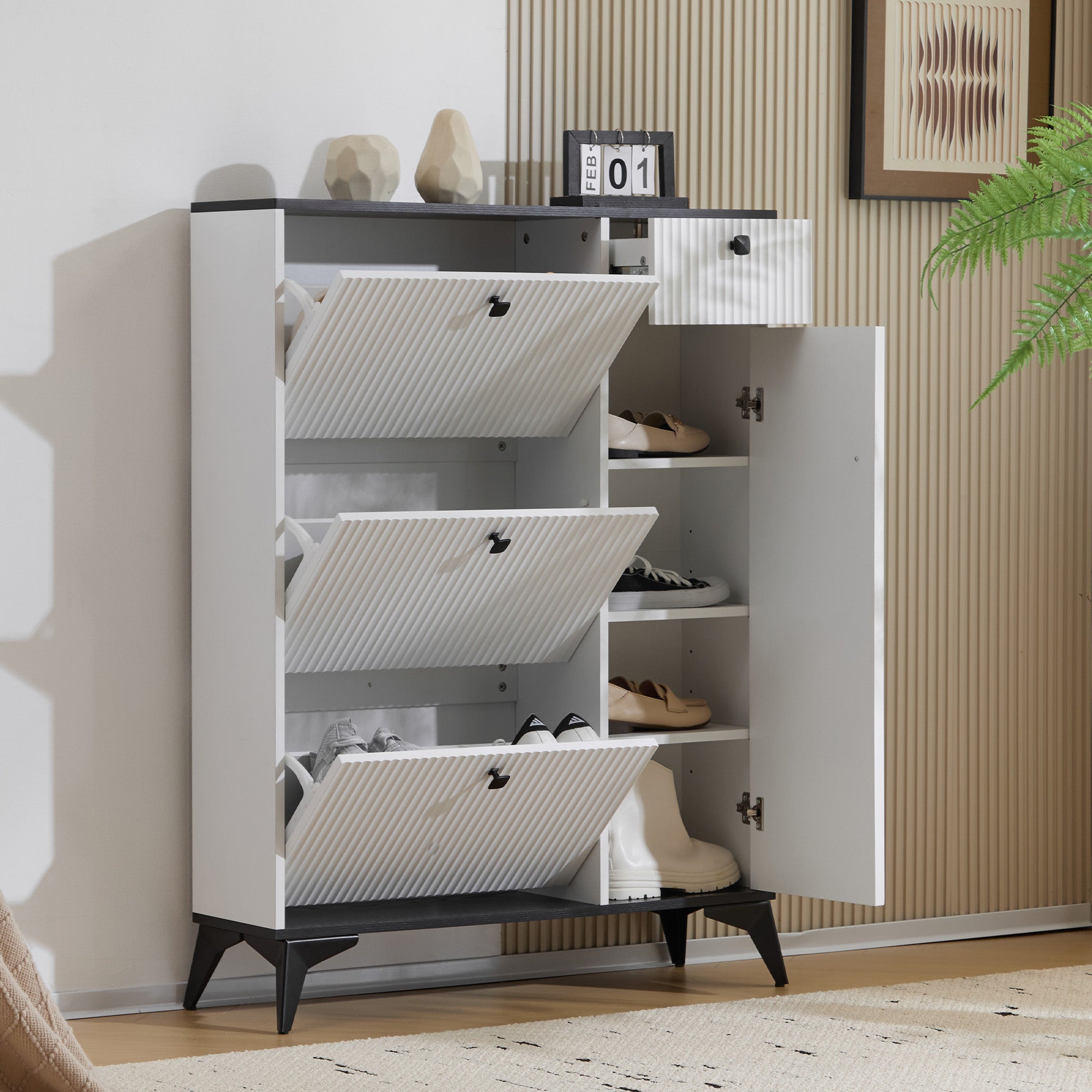 Shoe cabinet with 3 flaps, 1 drawer, 1 door, white