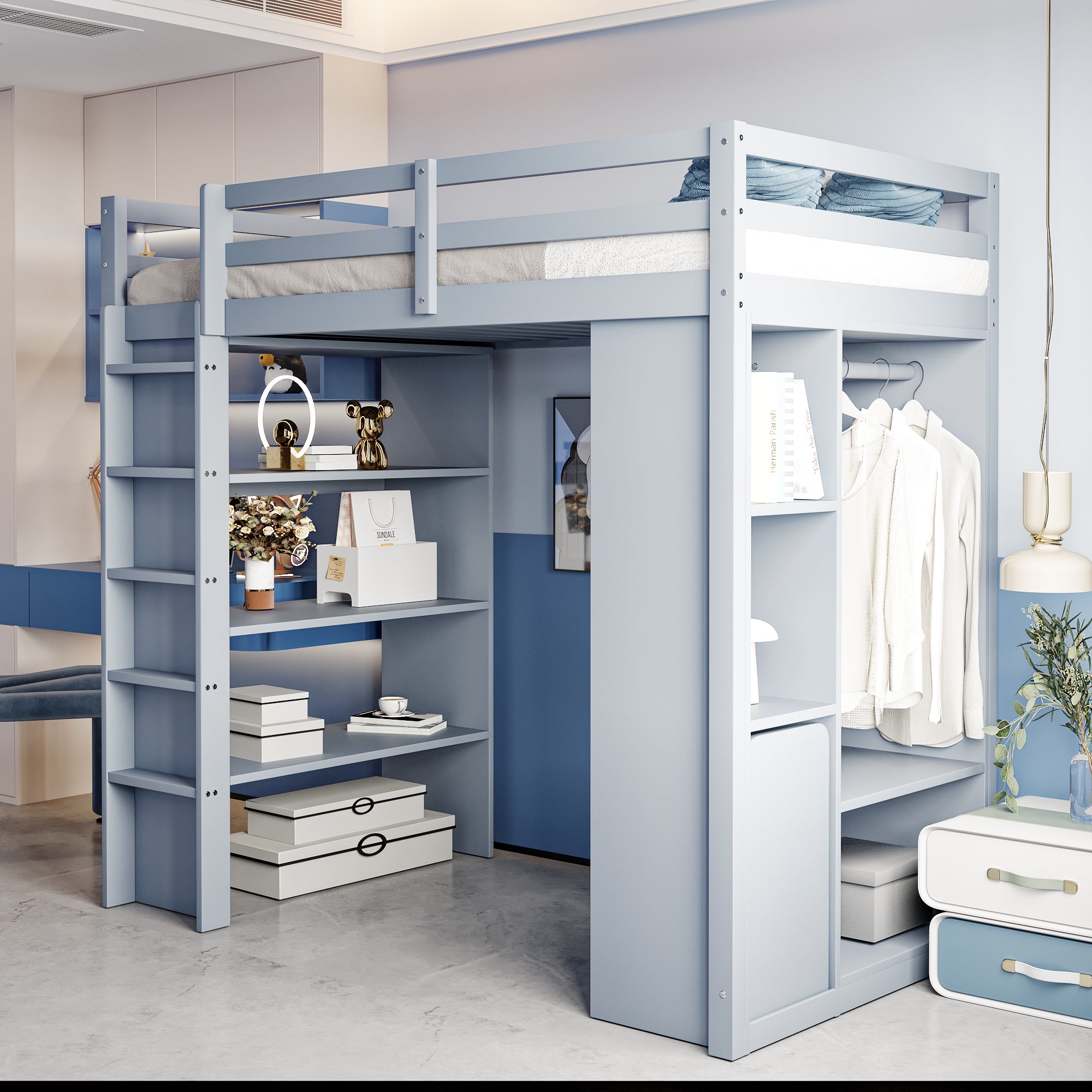 Children's Loft Bed with Shelves, Organizer, Storage, Grey