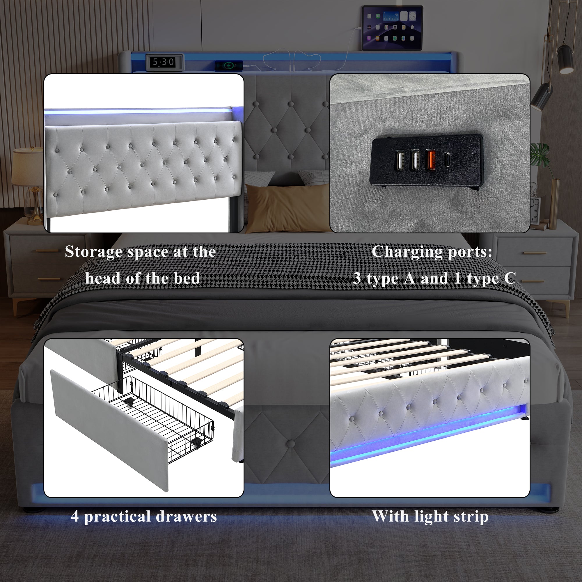 Upholstered Bed, 4ft6 Double with 4 Drawers, Light Strips & Charging Socket, Grey Velvet