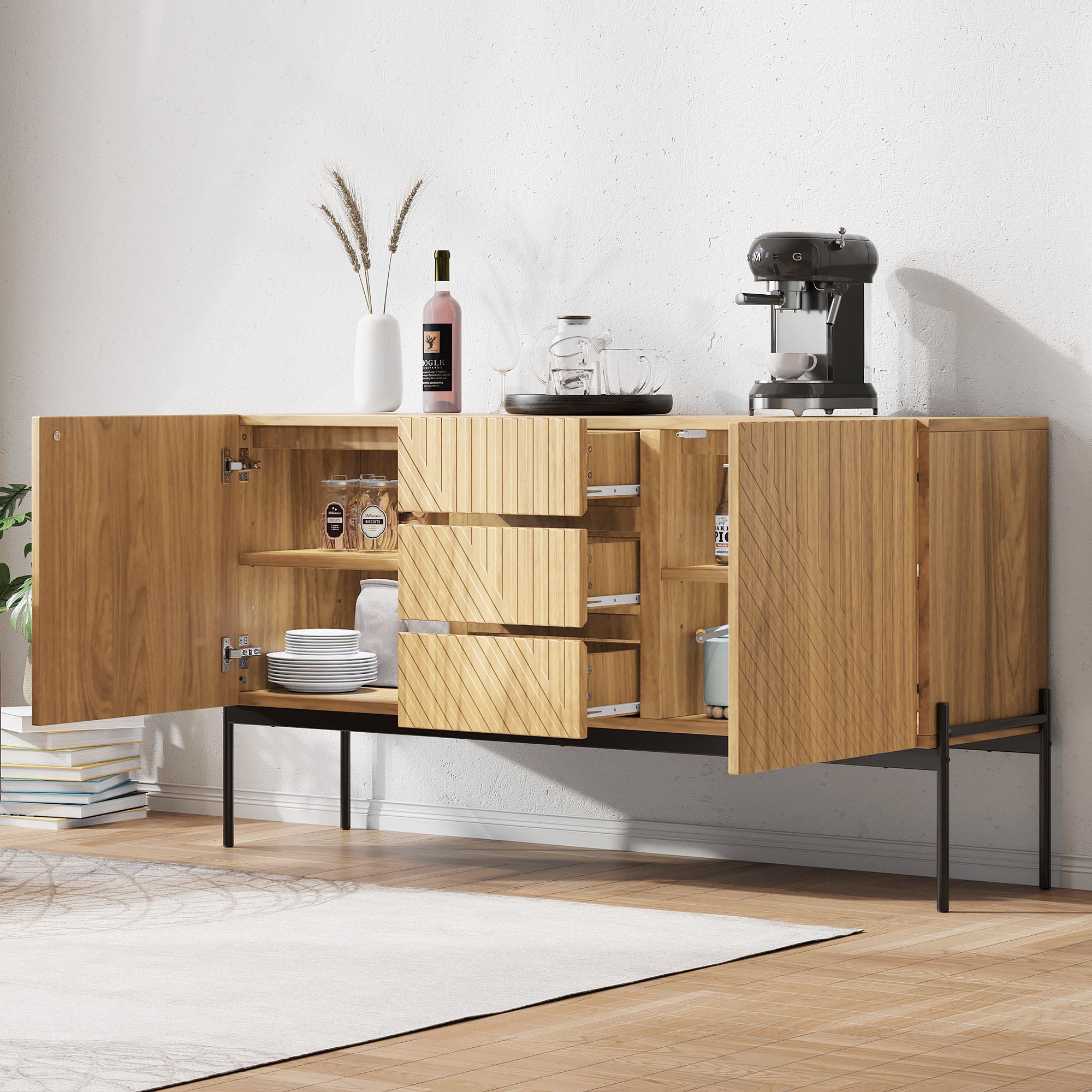 Sideboard with 2 doors and 3 drawers, metal legs
