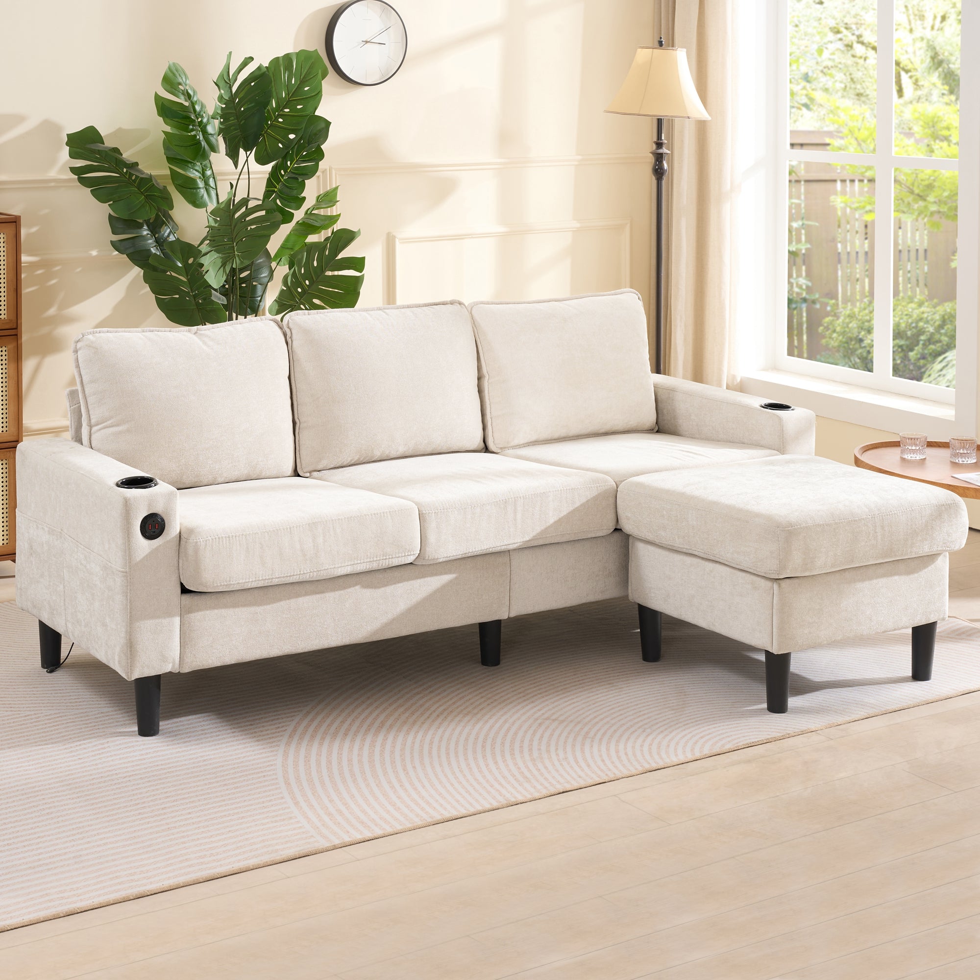 Upholstered Sofa, 3-Seater L-Shaped Sofa Bed with USB & Type-C Ports & Cup Holders, Beige