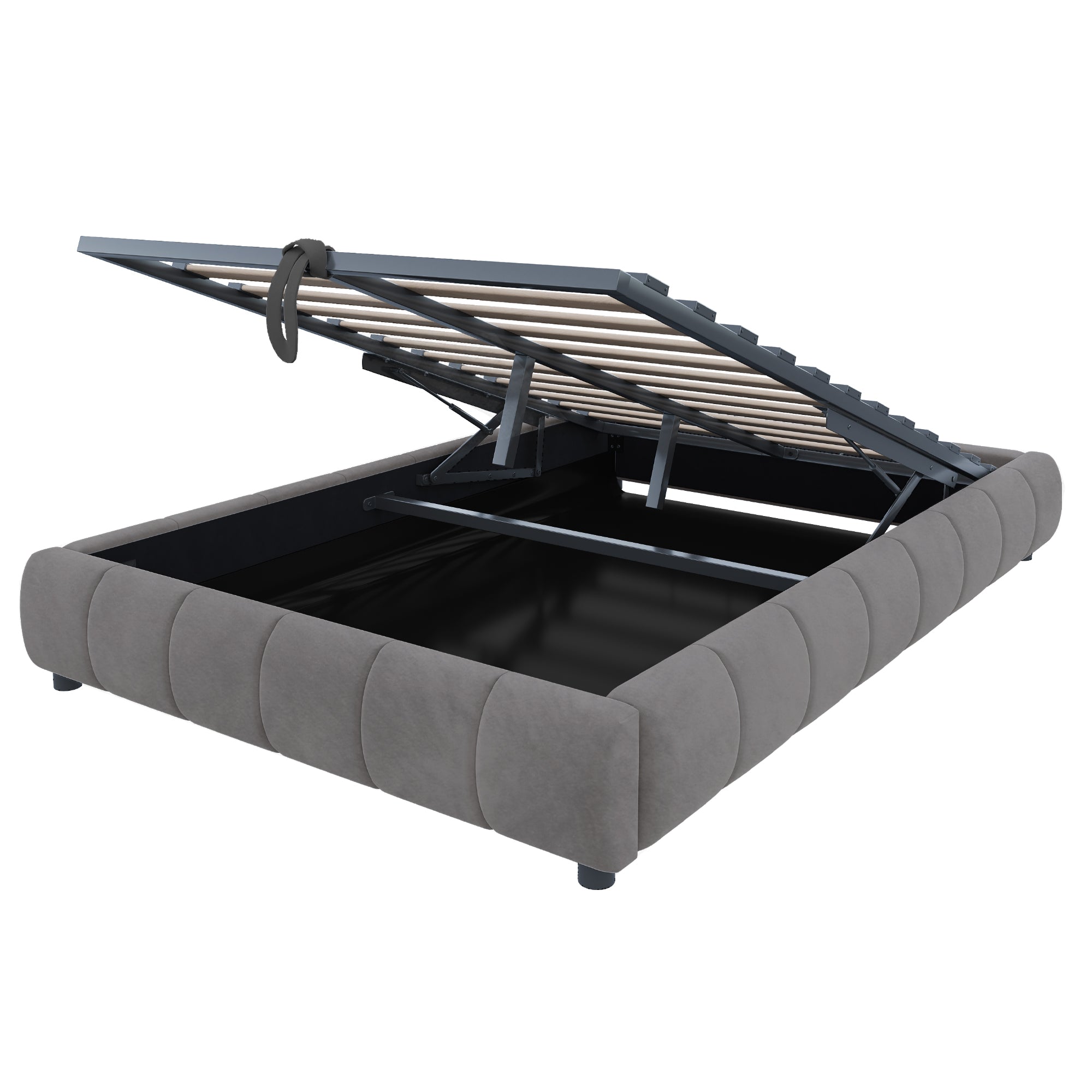 Upholstered Bed, 140x200cm LED Floating with Storage, Grey