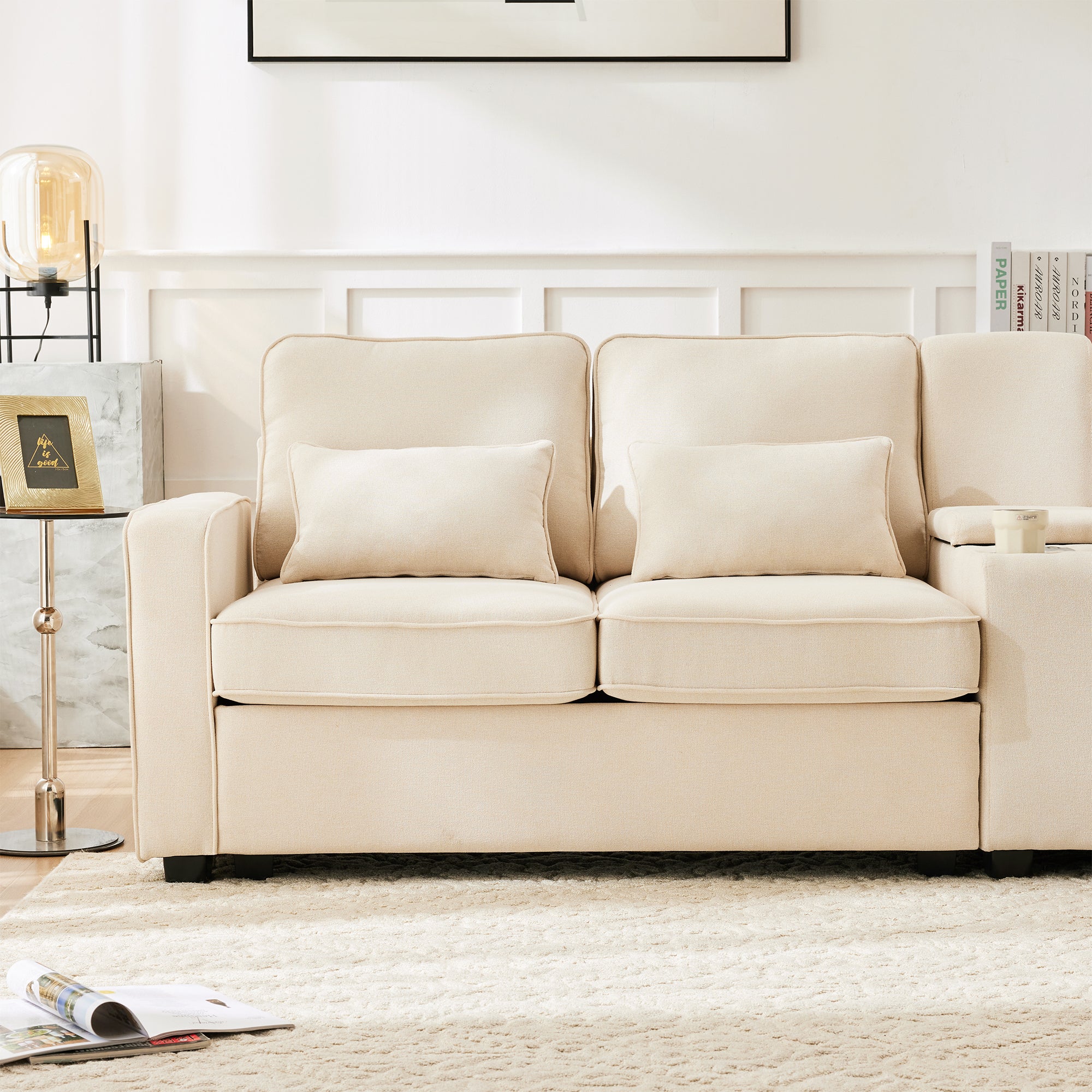 Sofa, 4-Seater with Console, Cup Holders, USB Ports, Linen Fabric