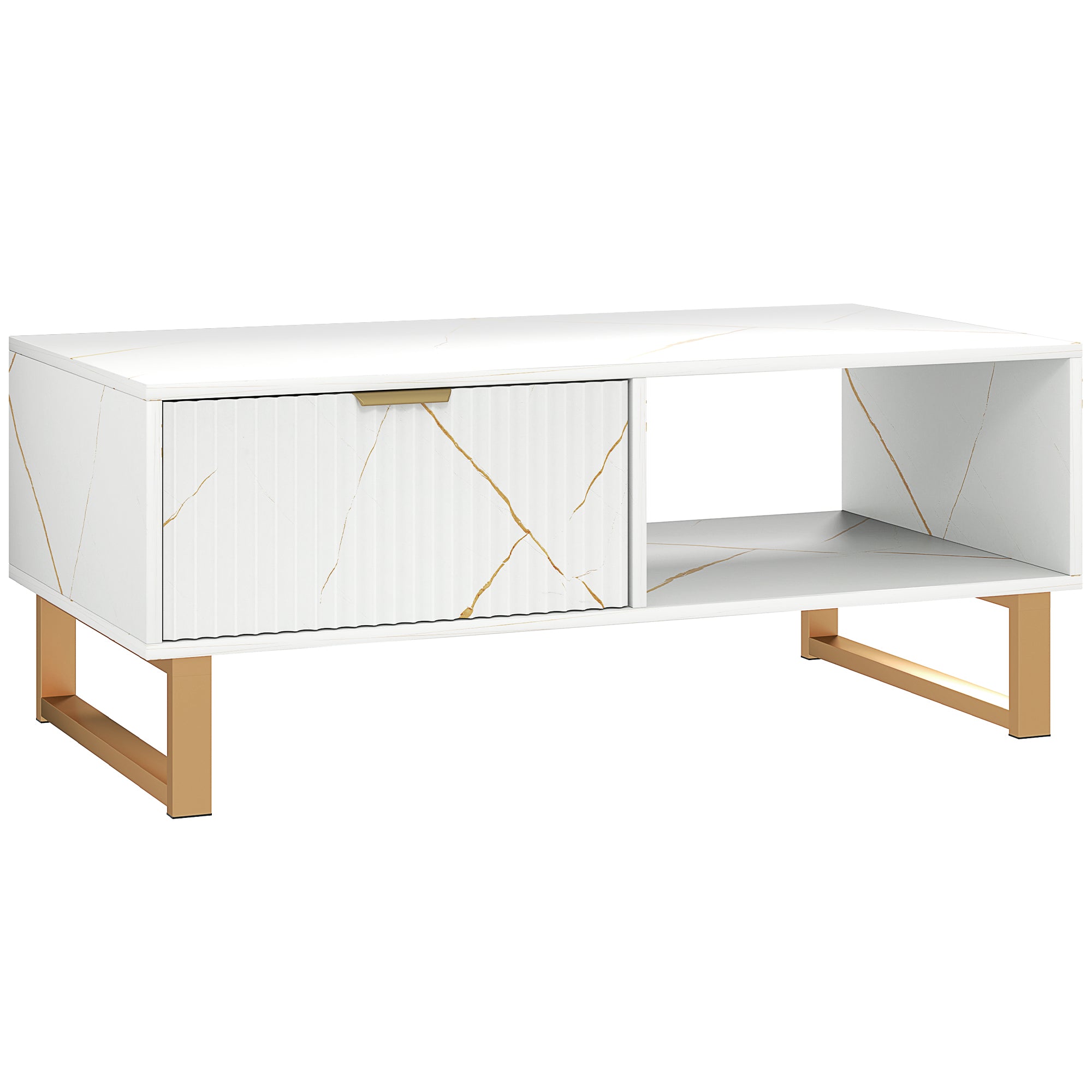 Elegant Coffee Table with Storage, Marble Effect - White