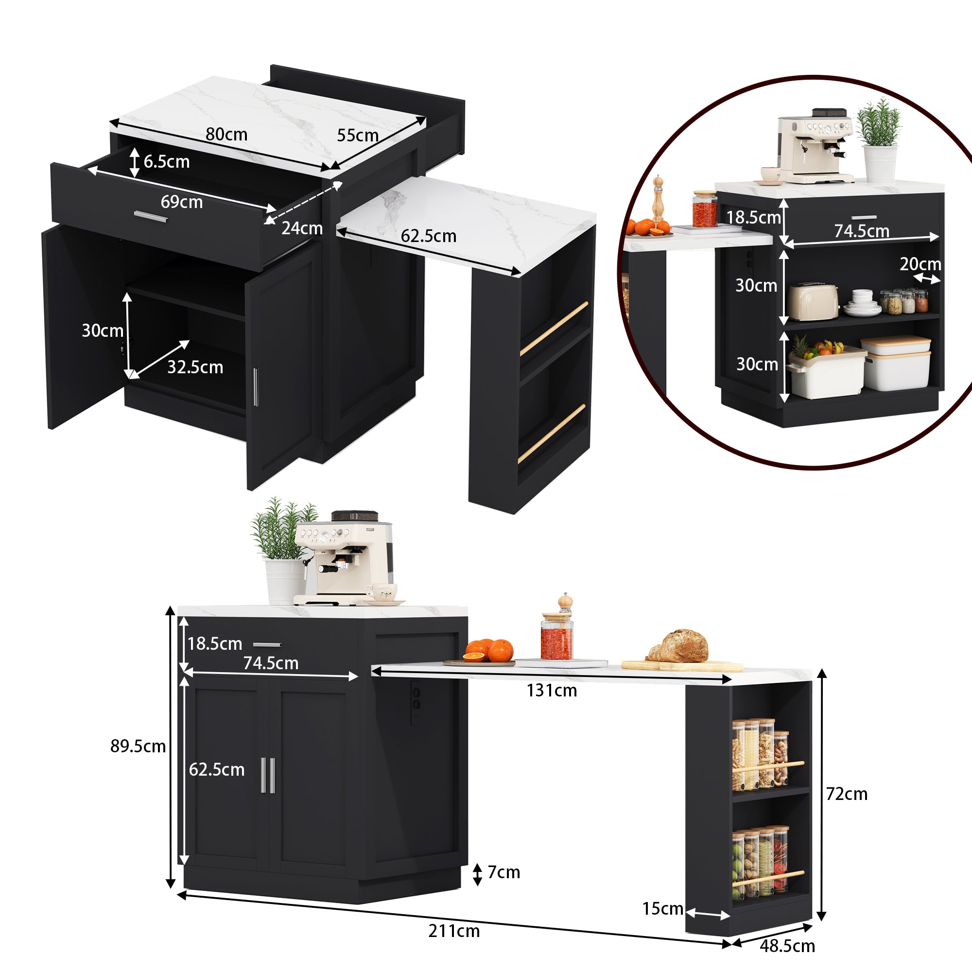 Kitchen Island with Extendable Dining Table for 4-6 People, Power Outlet and Storage Drawers, Black and White Marble Look