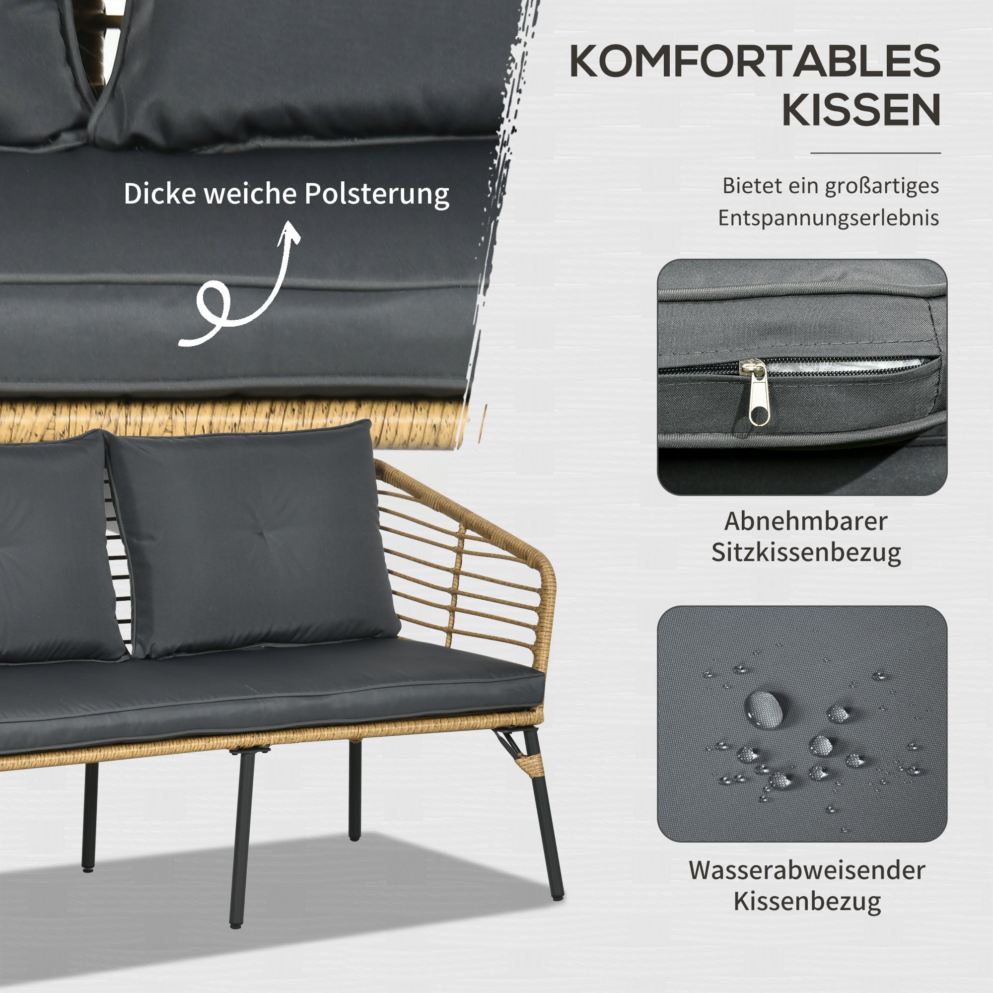 Garden Furniture Set 4-Piece Rattan 3 Armchairs Coffee Table Sand/Dark Grey