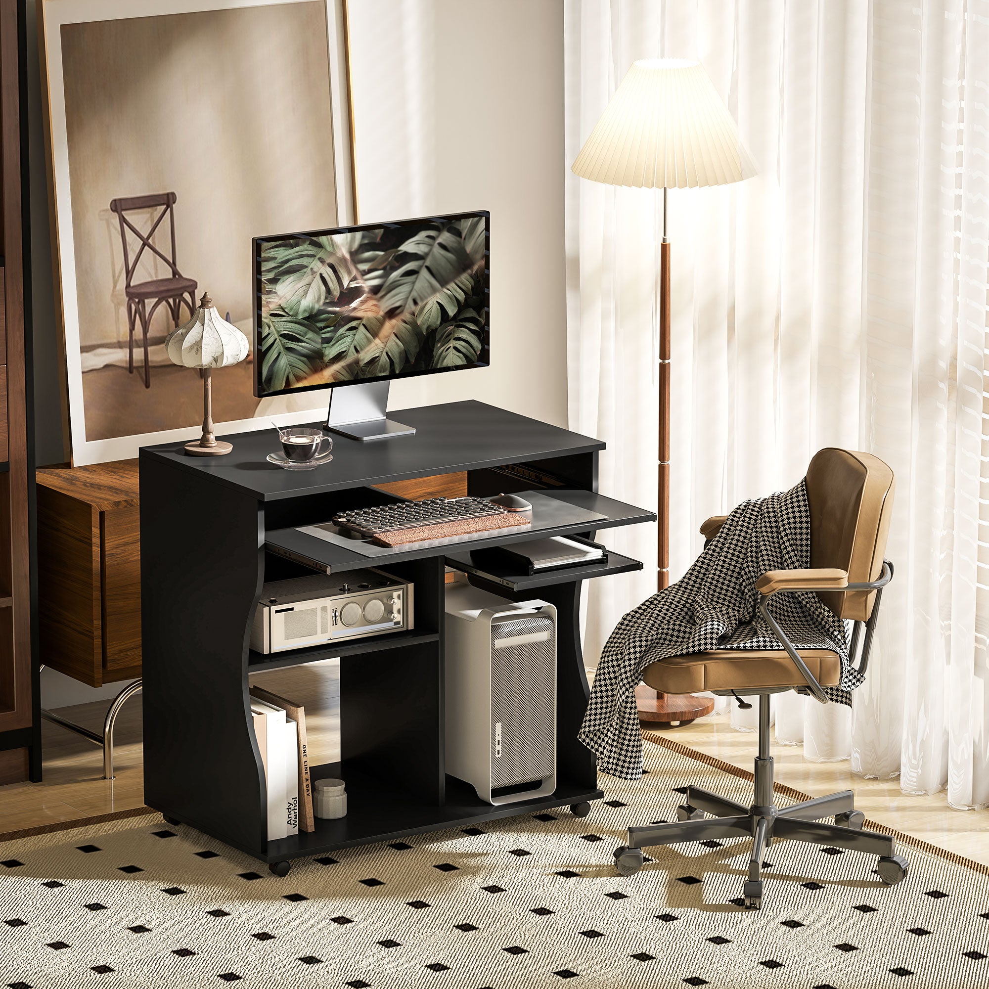 Computer Desk with Wheels, Keyboard Tray, Storage, Black