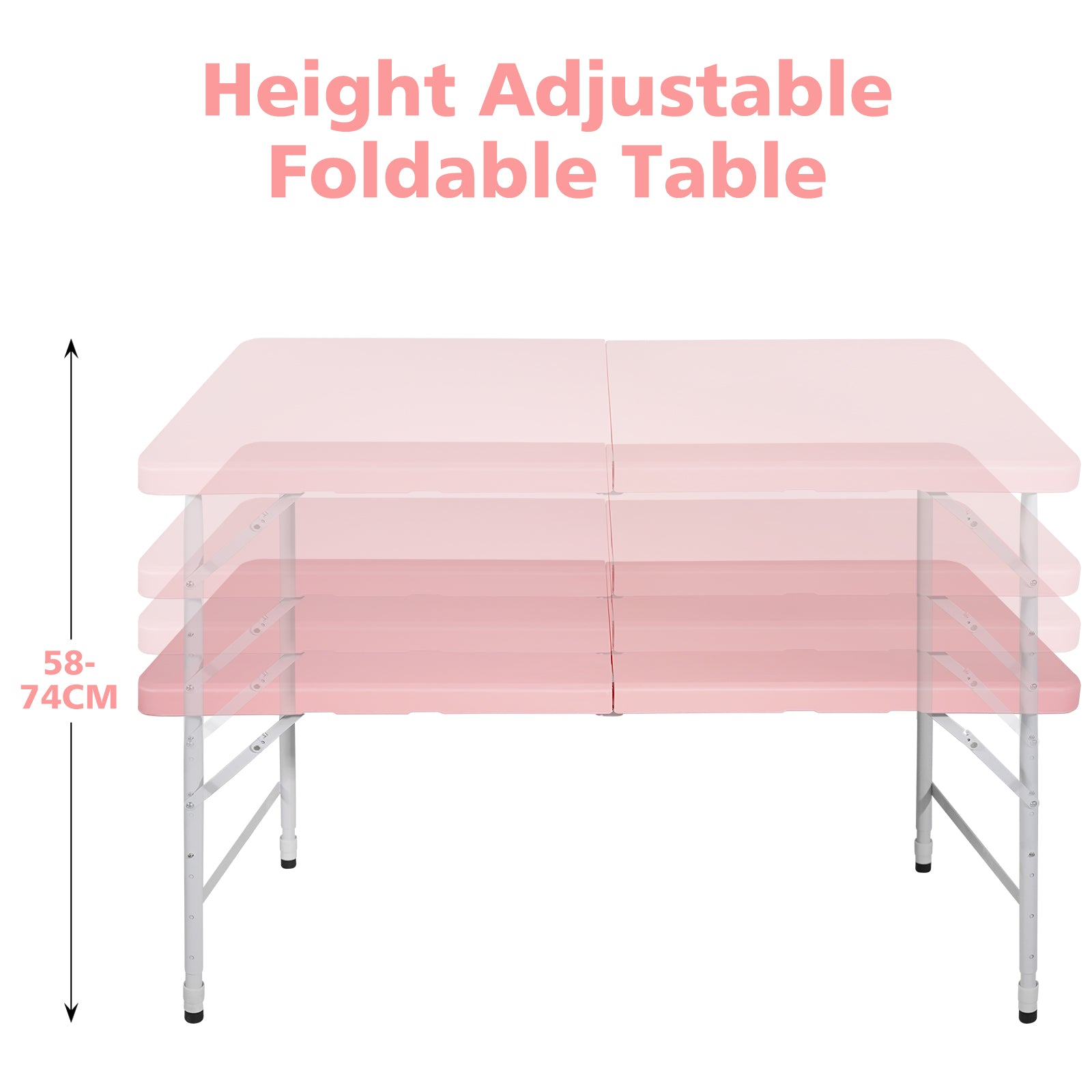Portable Heavy Duty Folding Table 125cm with Handle, Adjustable Height, Multi-Functional for Camping Picnic Parties, 135kg Capacity, Pink