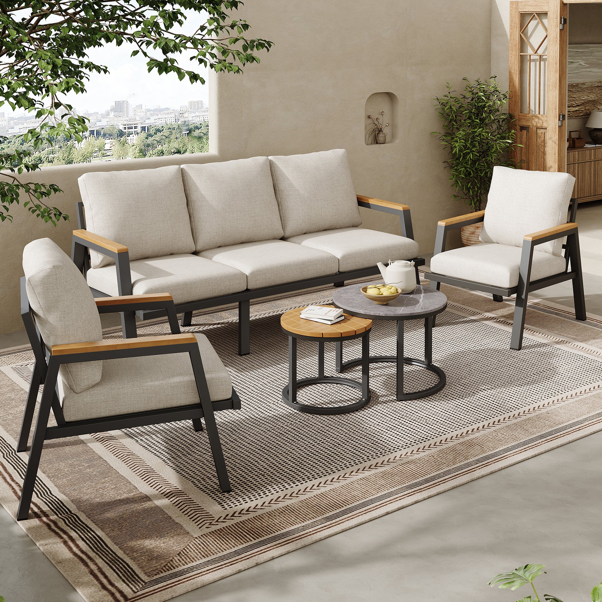 Garden Lounge Set with 3-Seater Sofa, 2 Armchairs and 2 Coffee Tables, Grey Wood and Steel
