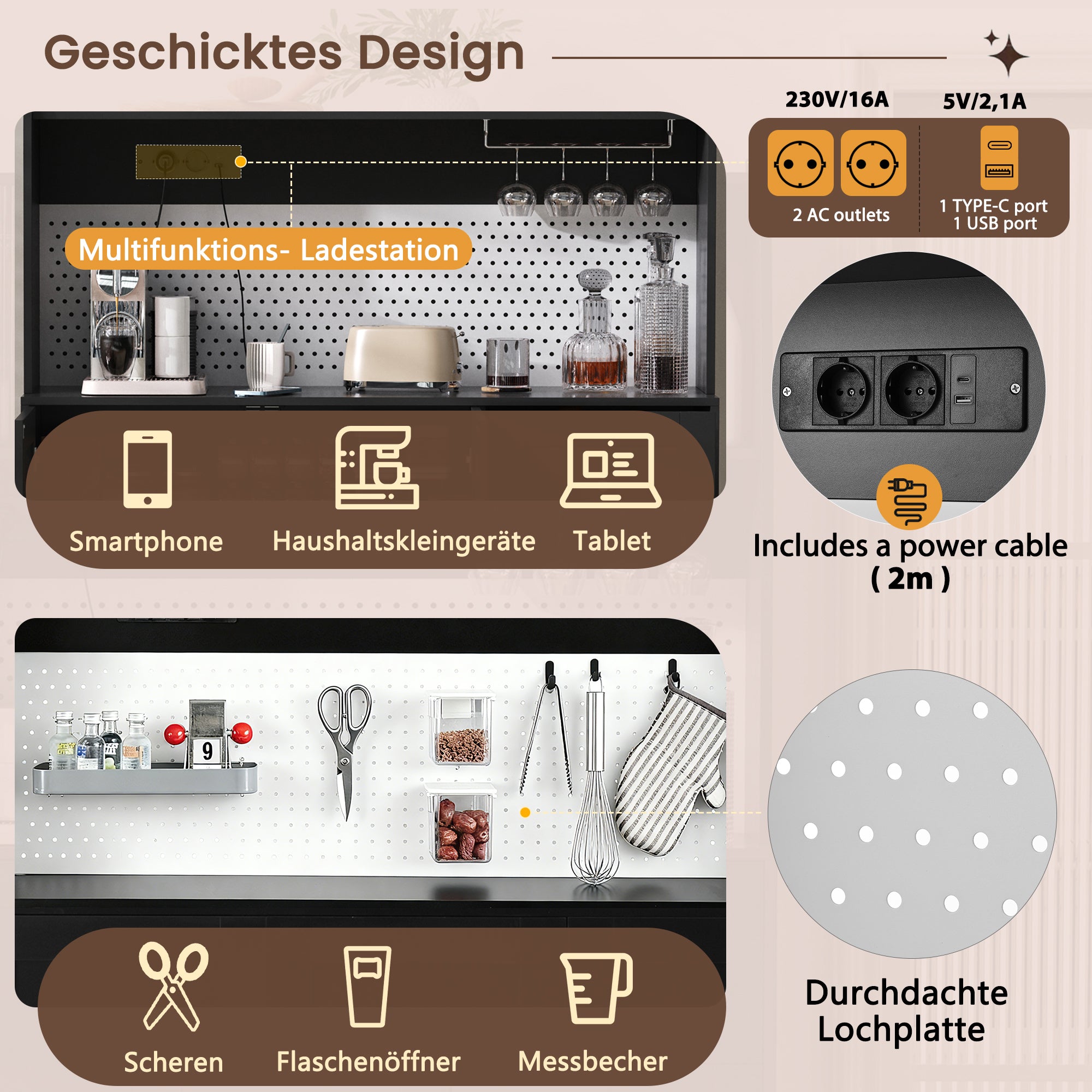 Tall Cabinet Pegboard Wine Storage Drawers & Sockets - Black