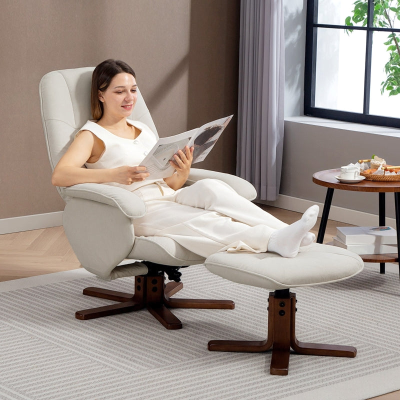 Linen Swivel Recliner Chair with Footstool, Upholstered Reclining Armchair, Beige