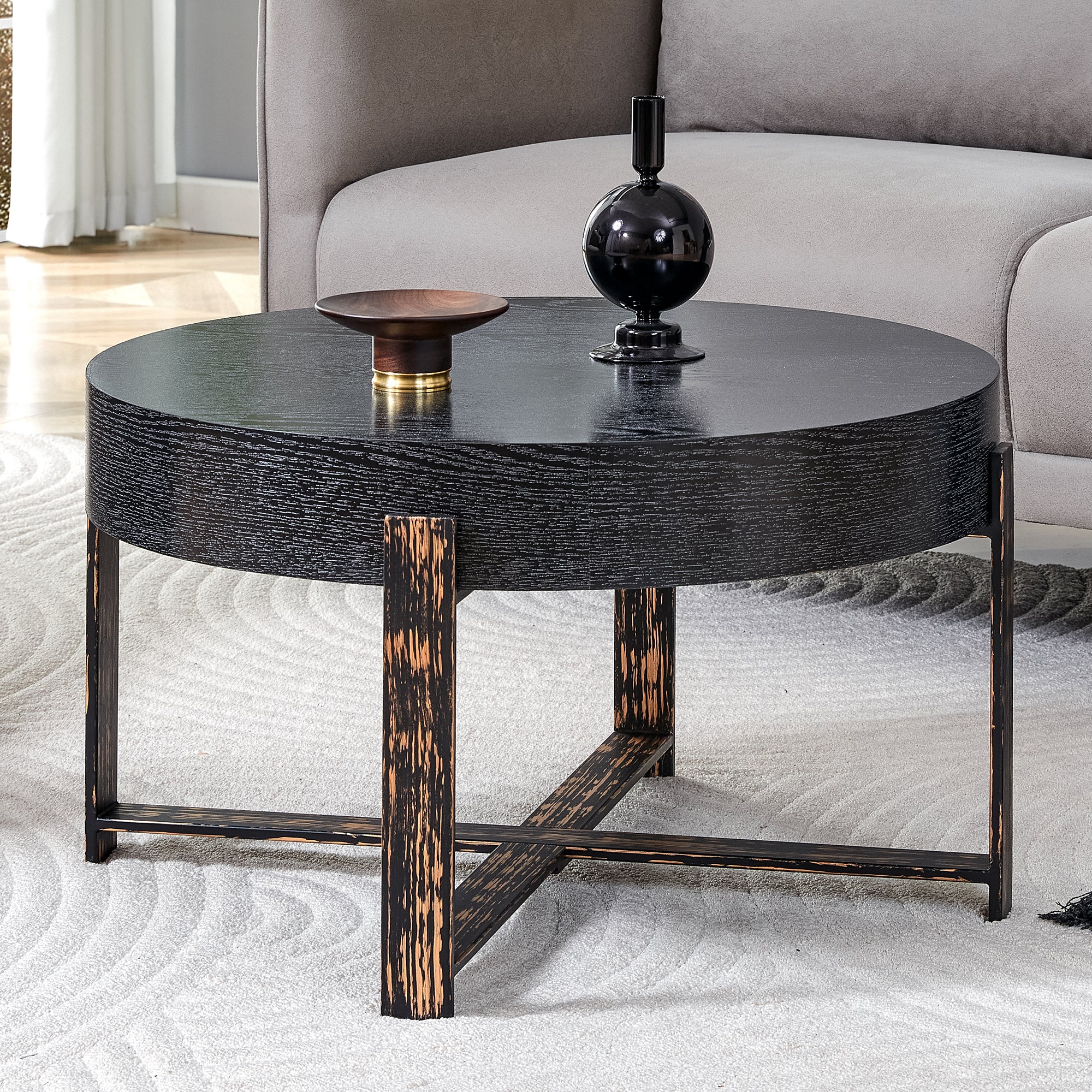 Side Table, Round Ø 68 cm, Metal Cross-legged, Black