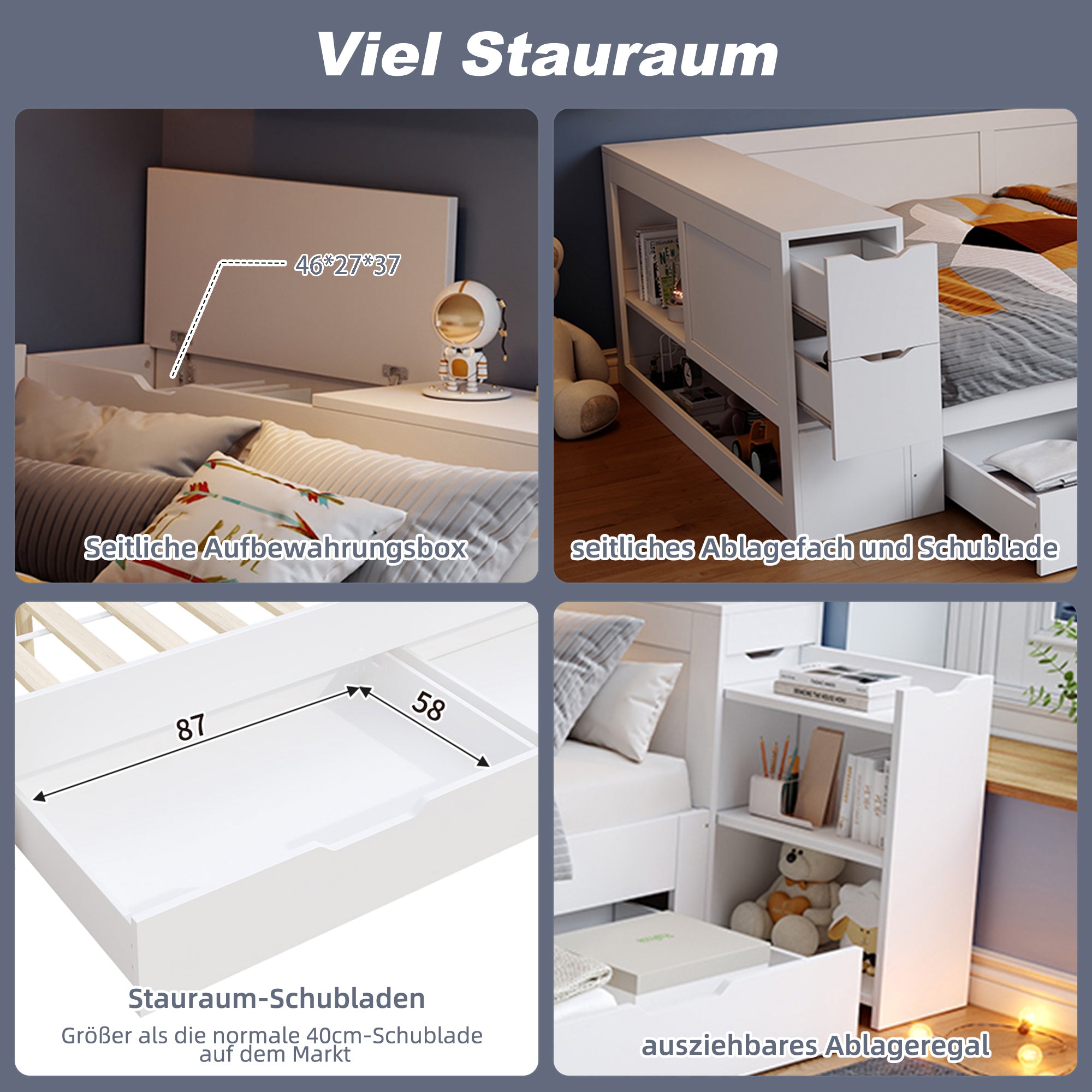 Children's Daybed 90x200cm Multifunctional Single Bed with Storage Drawers Shelves and Bedside Table White