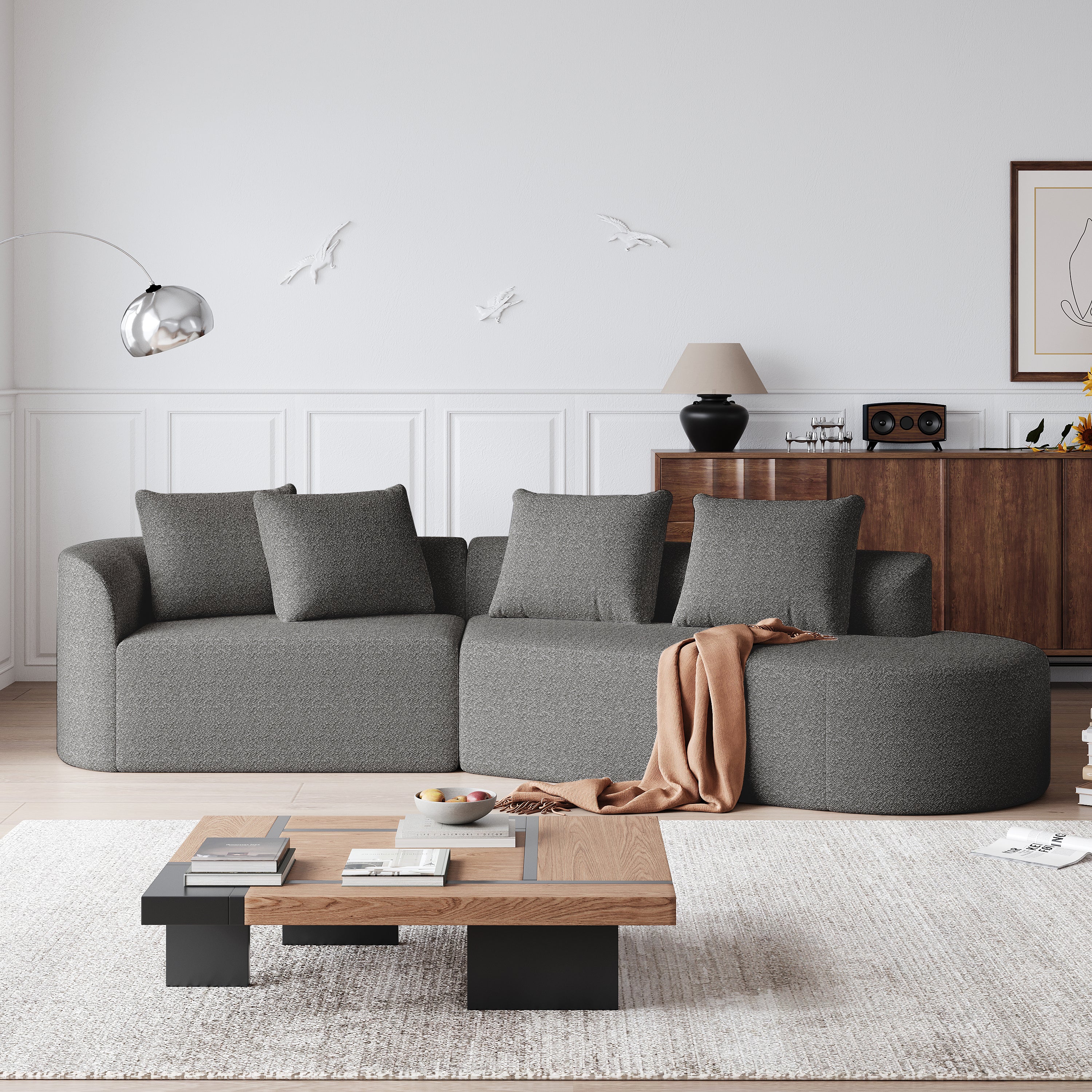 Chenille Sofa, Modern Oversized 4-Seater Corner with Deep Seat & Pillows, Cloud Couch