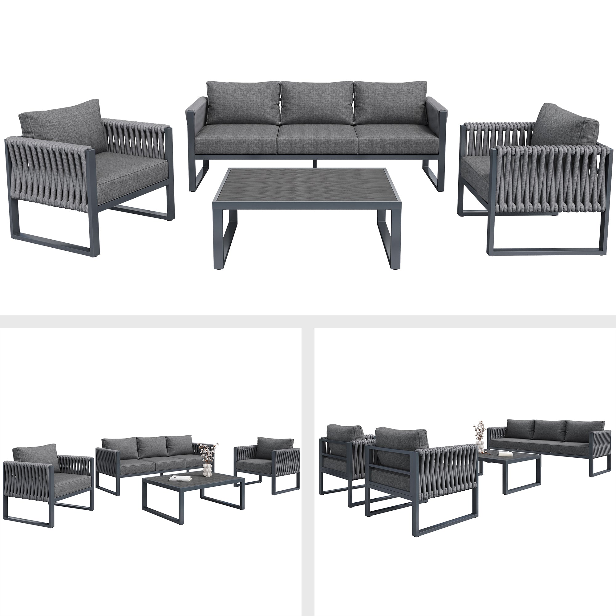 Outdoor Sofa Set 5-Seater Adjustable Feet Rustproof Metal Frame - Grey