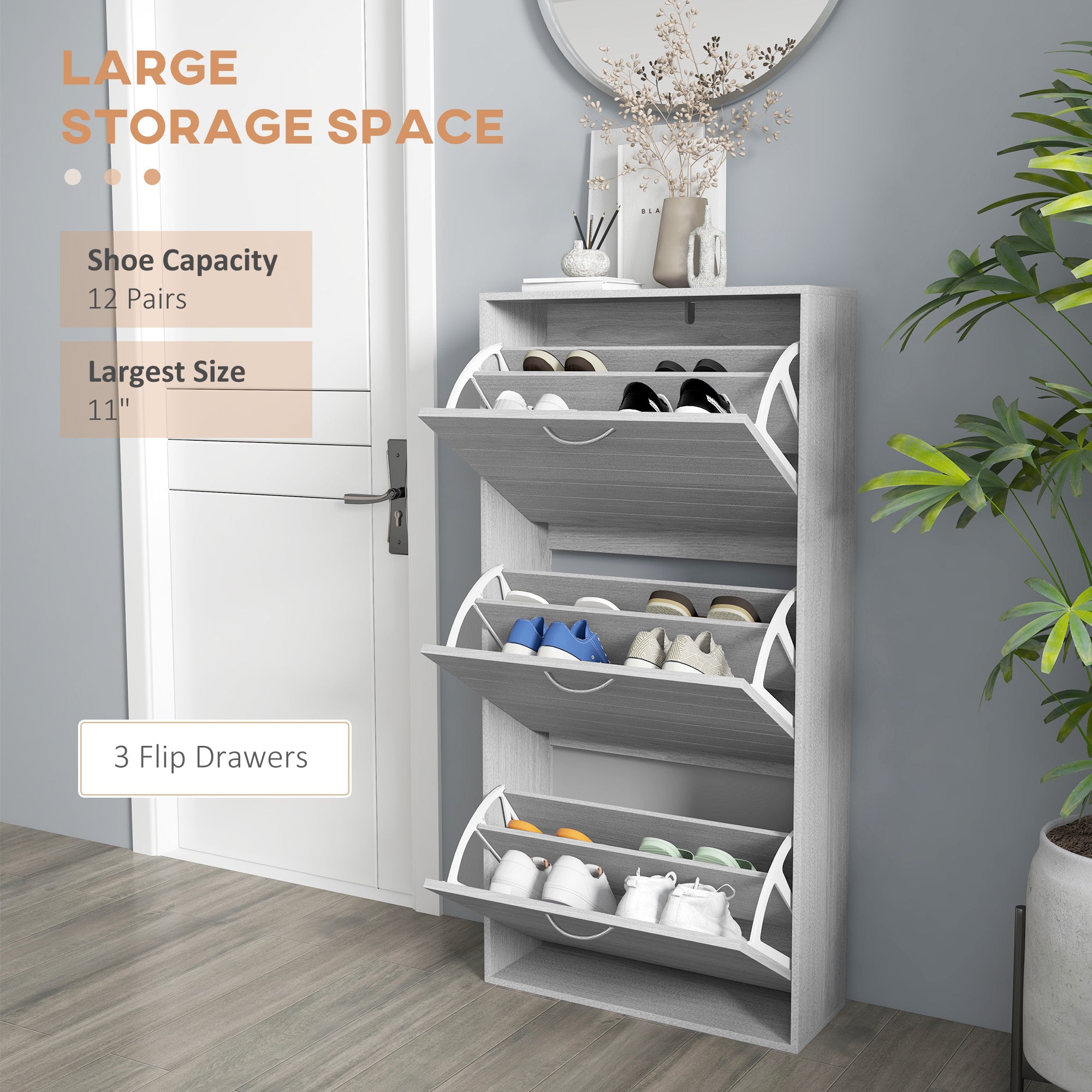 12-Shoe Flip Drawer Storage Cabinet Grey Wood-Effect
