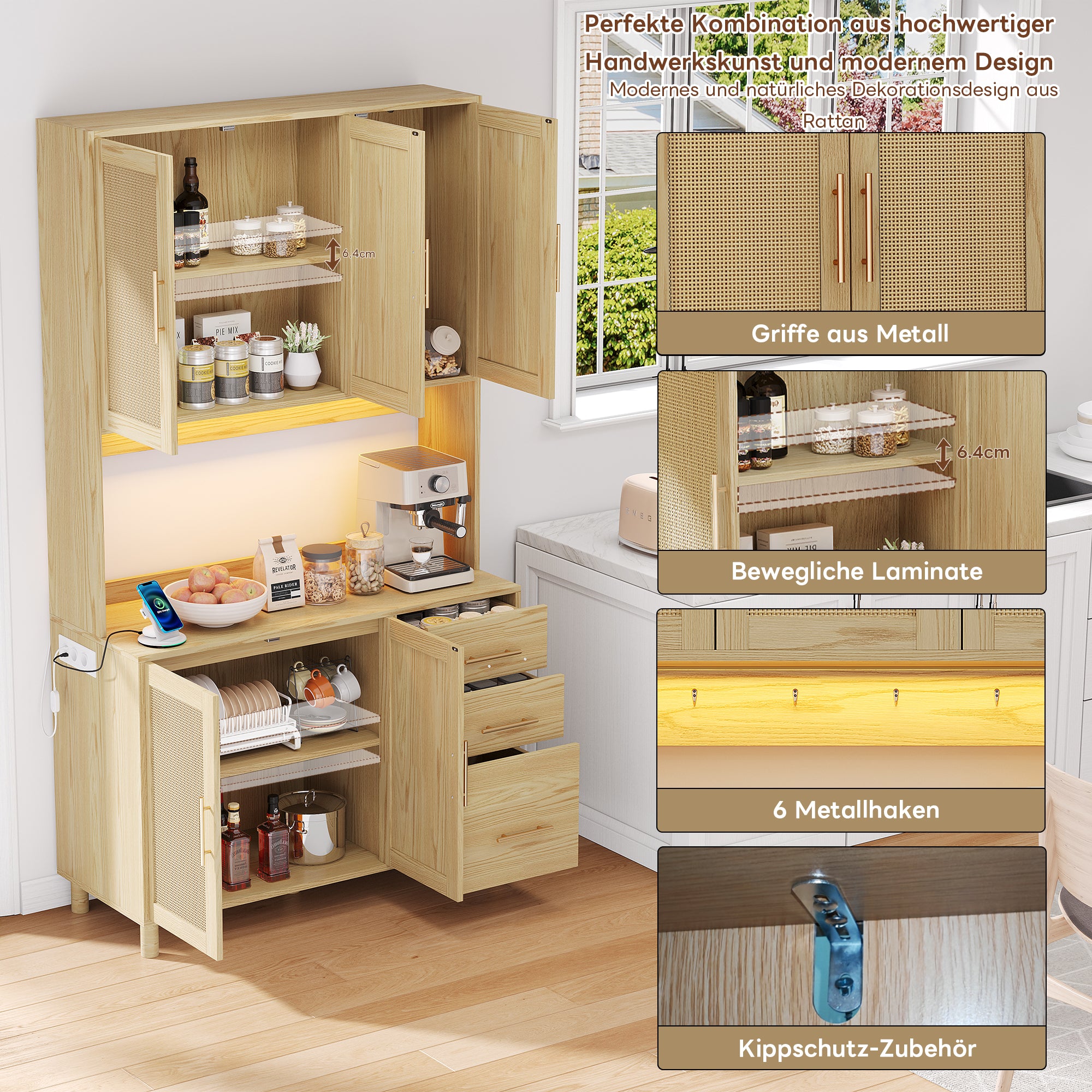 Kitchen Sideboard Buffet 183cm LED Charging Station 3 Drawers Gold Handles