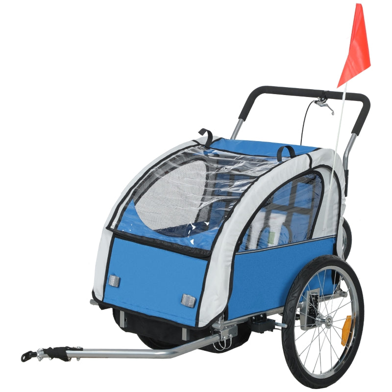 2 Seat Bike Trailer with 5 Point Harness, Safety Flag, Reflectors, Blue