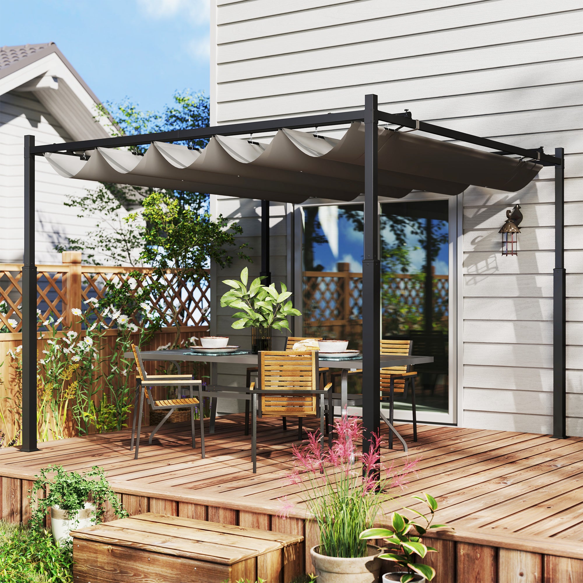 Metal Pergola with Retractable Roof, Magnetic Fixture, Sun Shade Canopy, Grey