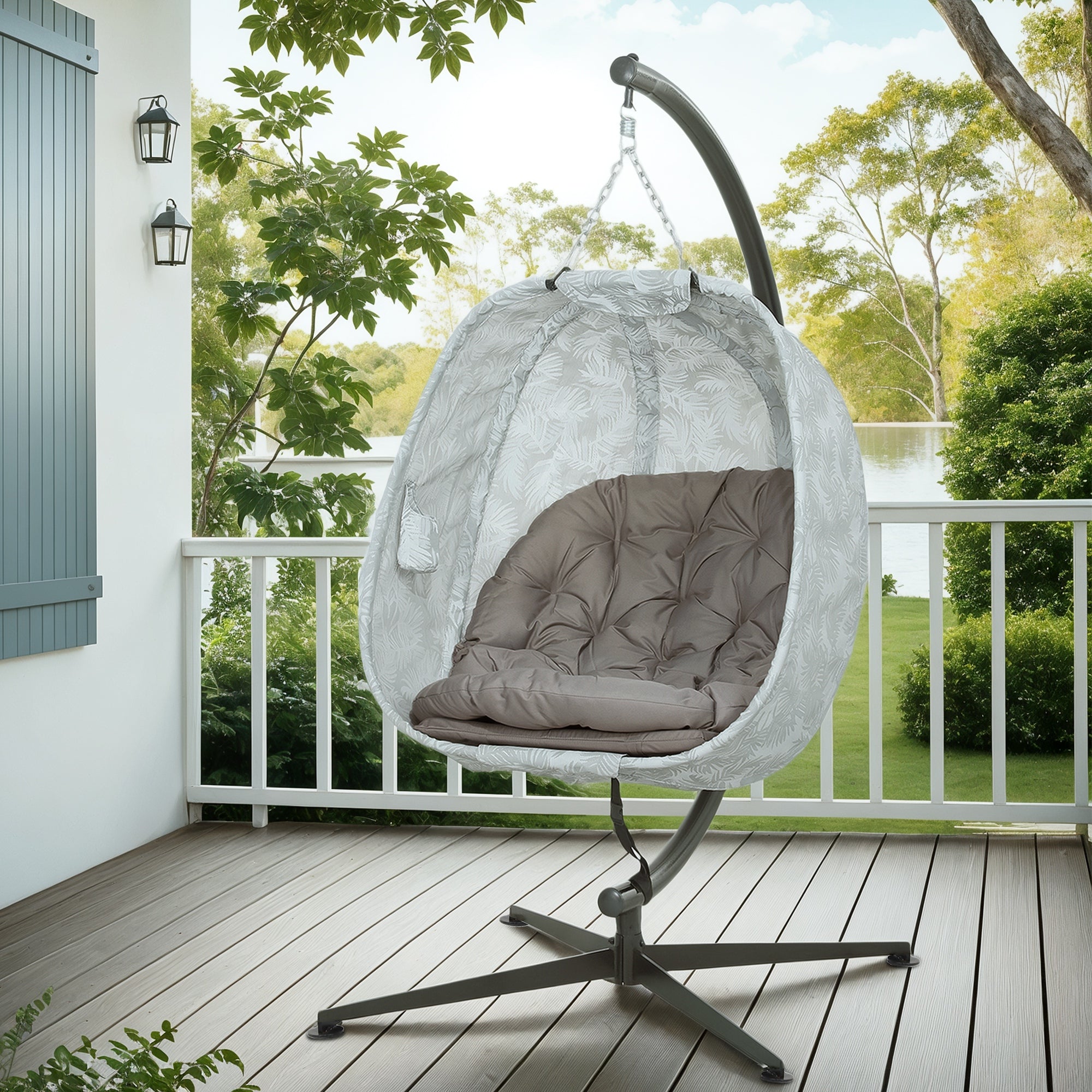 Hanging Egg Chair with Folding Basket, Stand, Thick Cushion, and Cup Holder, Sand Brown