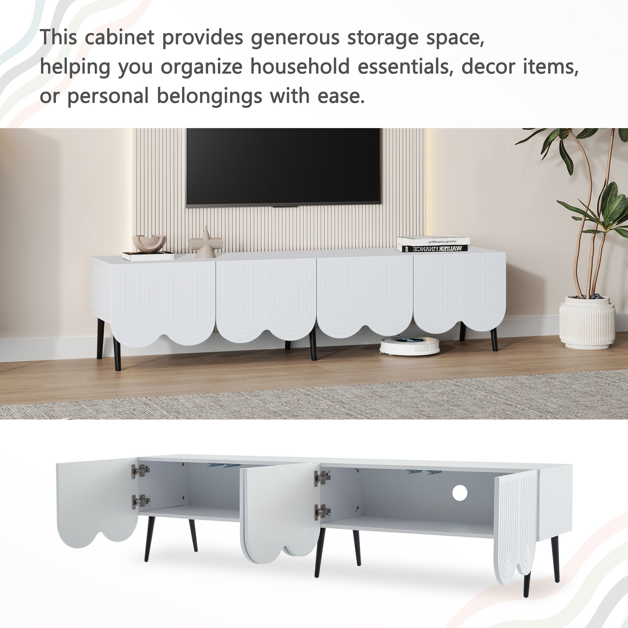 Modern TV cabinet for TVs up to 80 inches with two doors and cable management in white