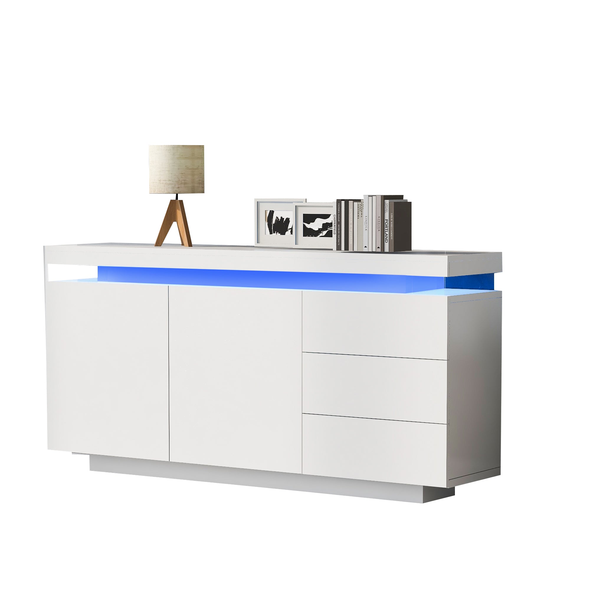 Sideboard Cabinet Modern Living Room with LED Light, 2 Doors 3 Drawers, High Gloss White