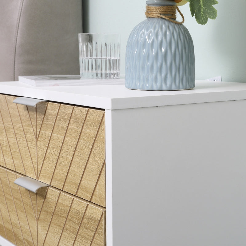 Modern Bedside Table with 2 Drawers, Sofa Side Table, White and Oak