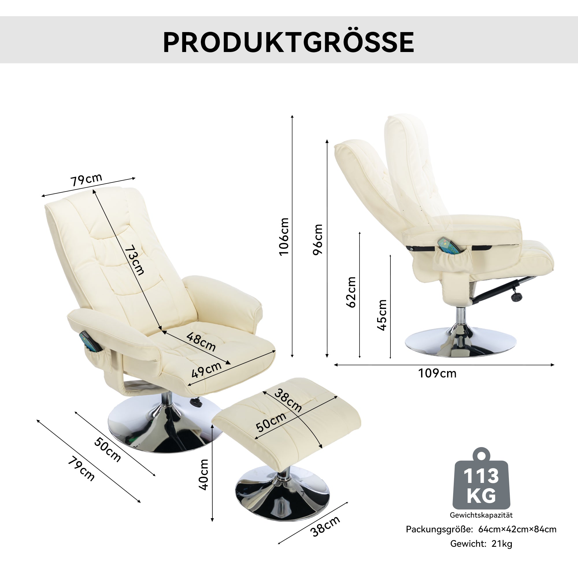 Massage Chair with 5-Point Massager & Ottoman, PU Upholstery, Beige