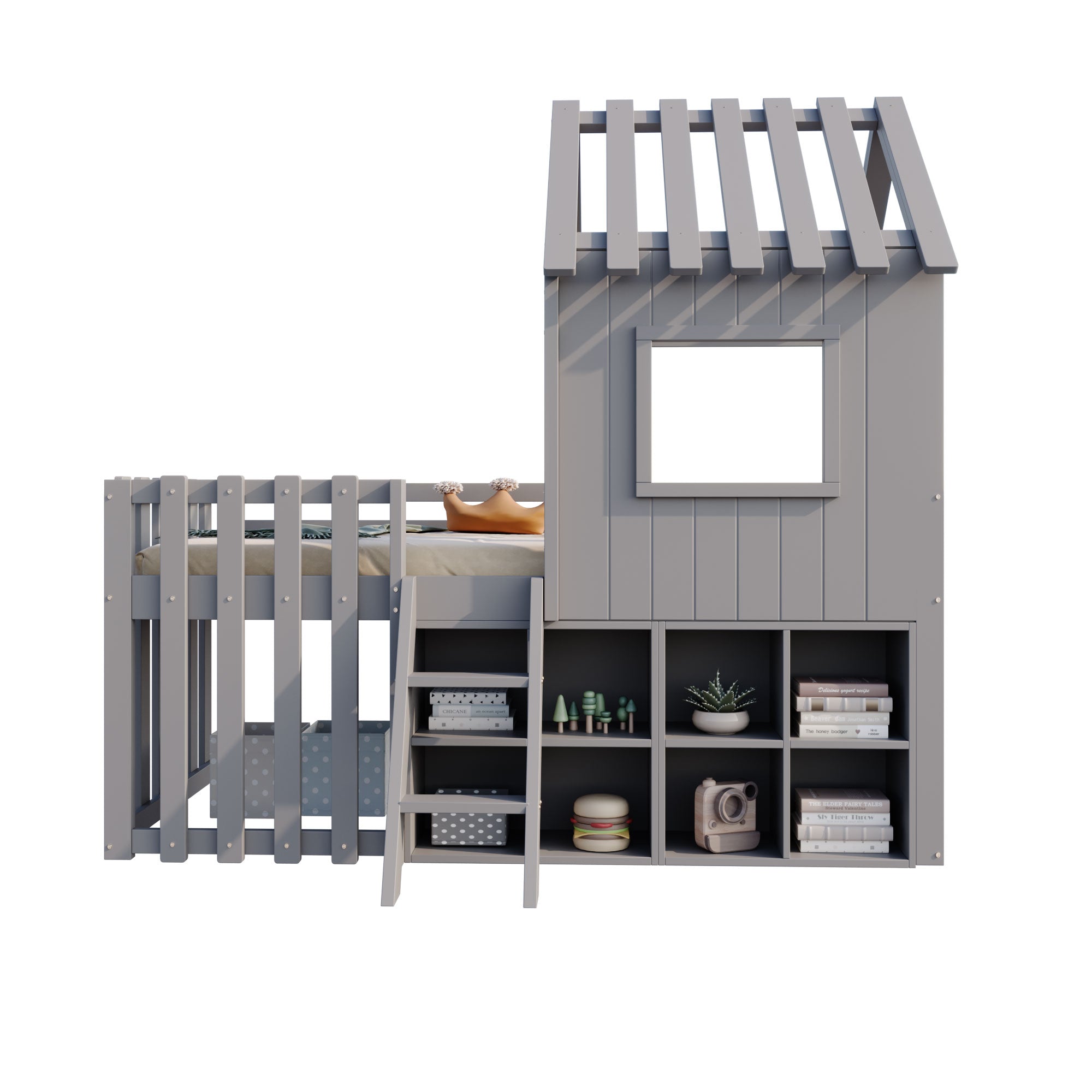 Children's House Bed 90x200, Roof & Window, Open Storage, Climbing Ladder, Solid Wood, Gray