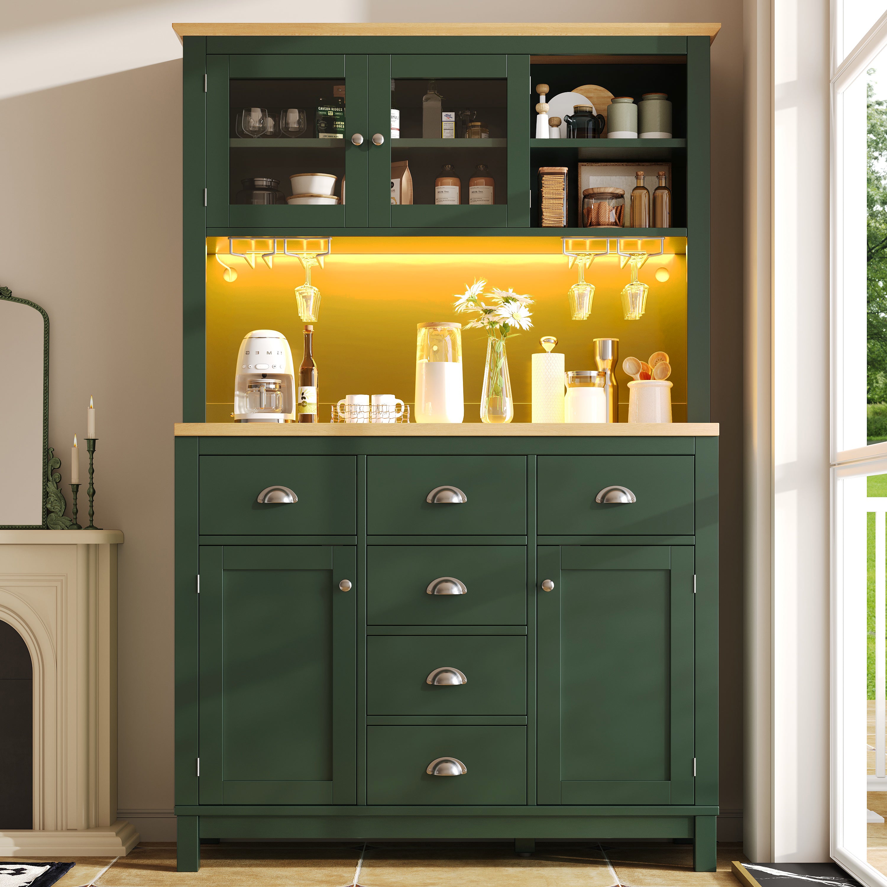 Buffet Sideboard Cabinet with 4 Doors and LED Lights, Green and White