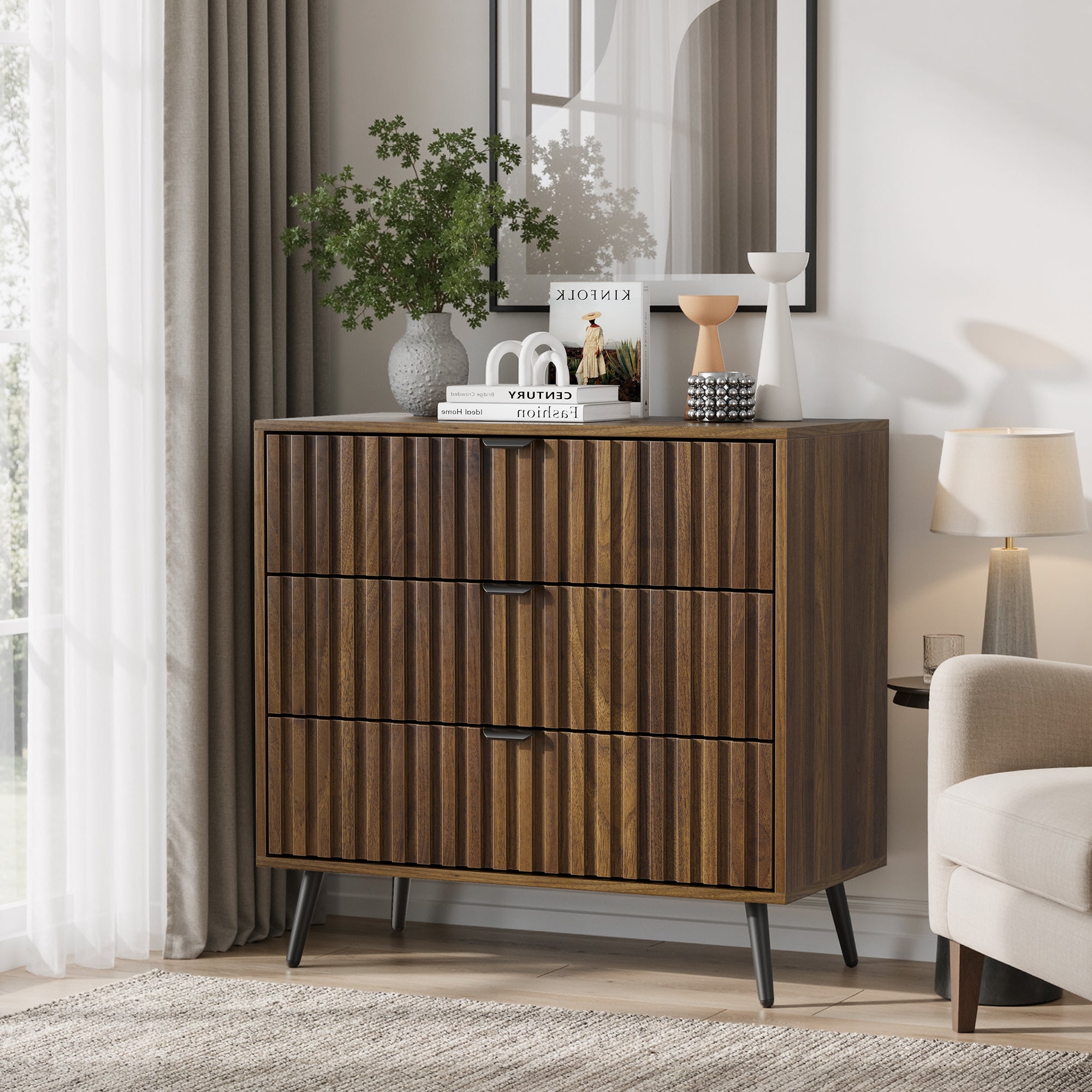Chest of Drawers Storage Cabinet 3 Drawers Wooden Walnut Color