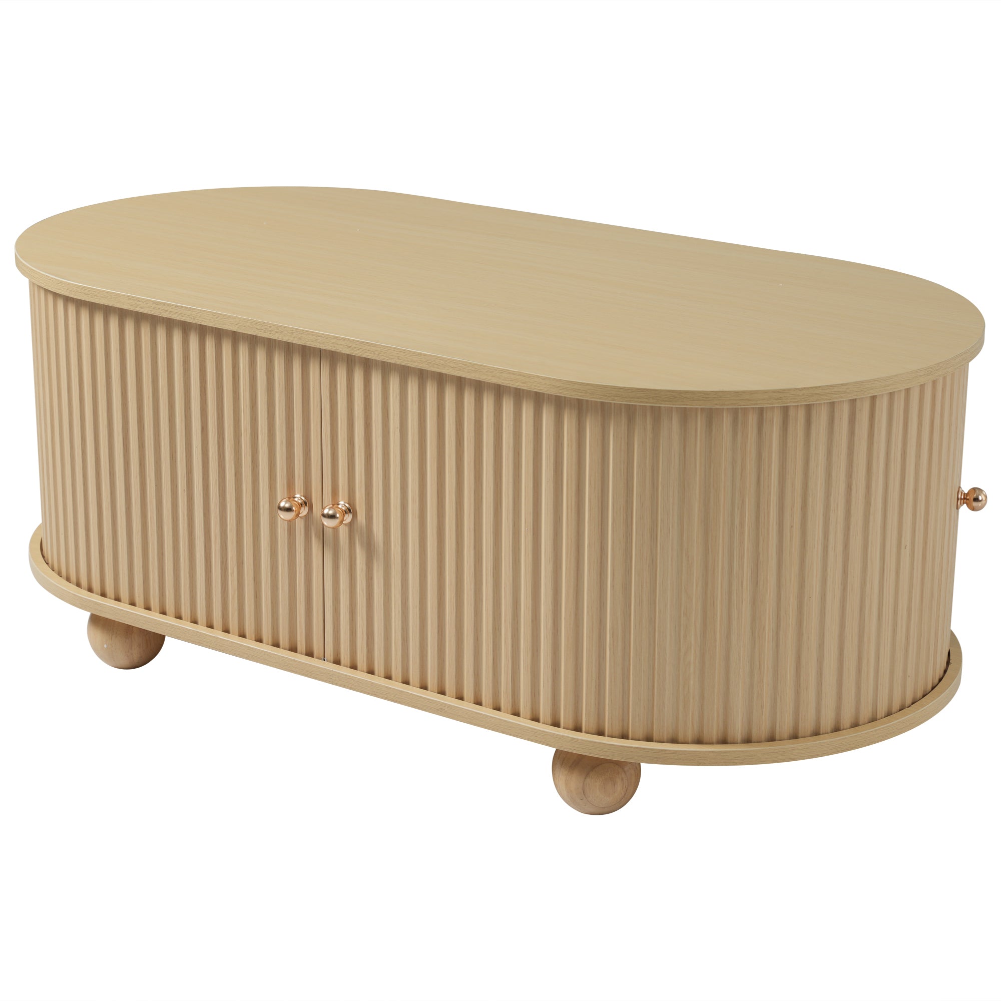 Oval Coffee Table with Storage and Sliding Doors, Multifunctional, Wood Colors