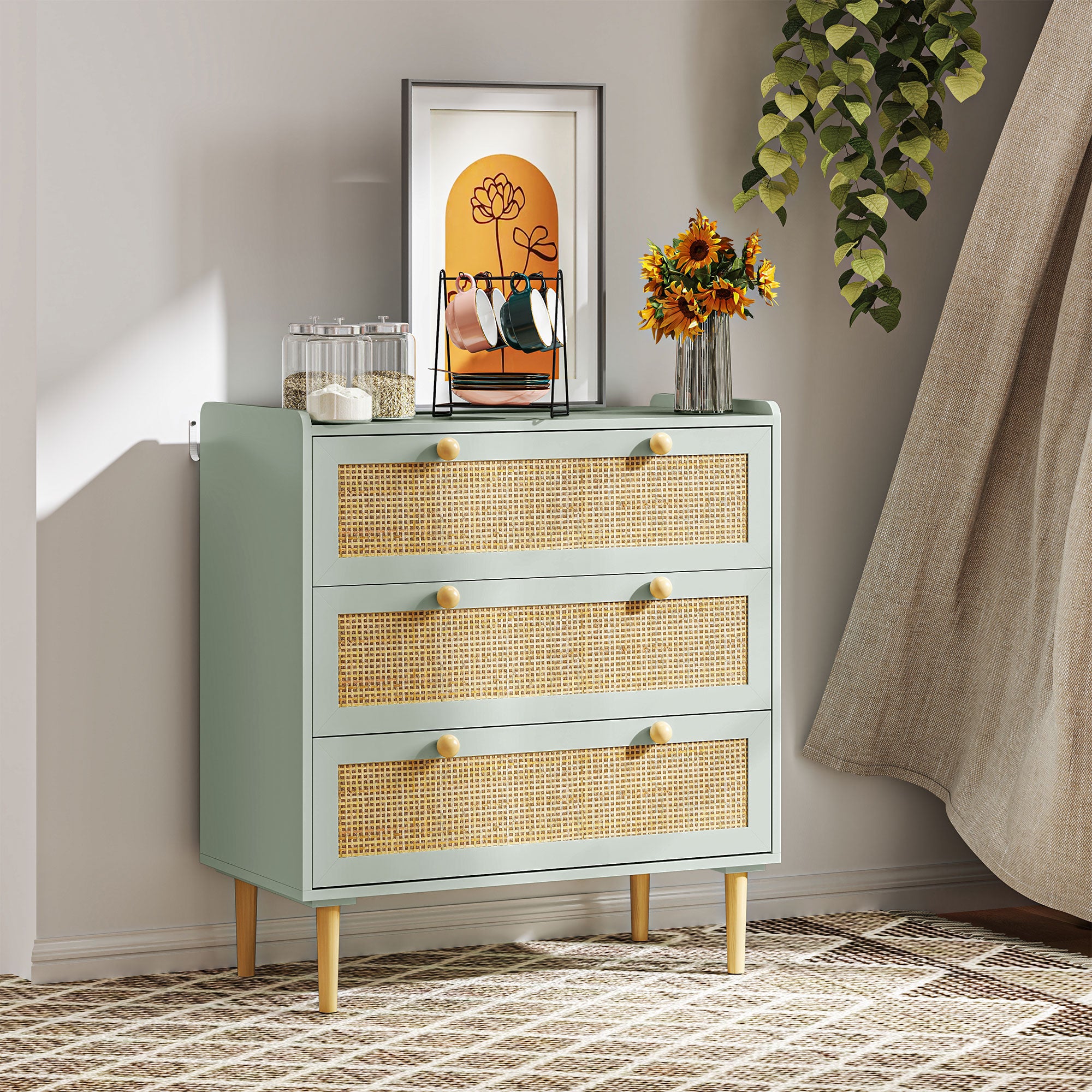 Chest of Drawers/Sideboard, 3 Drawers Boho Rattan Look, Light Blue