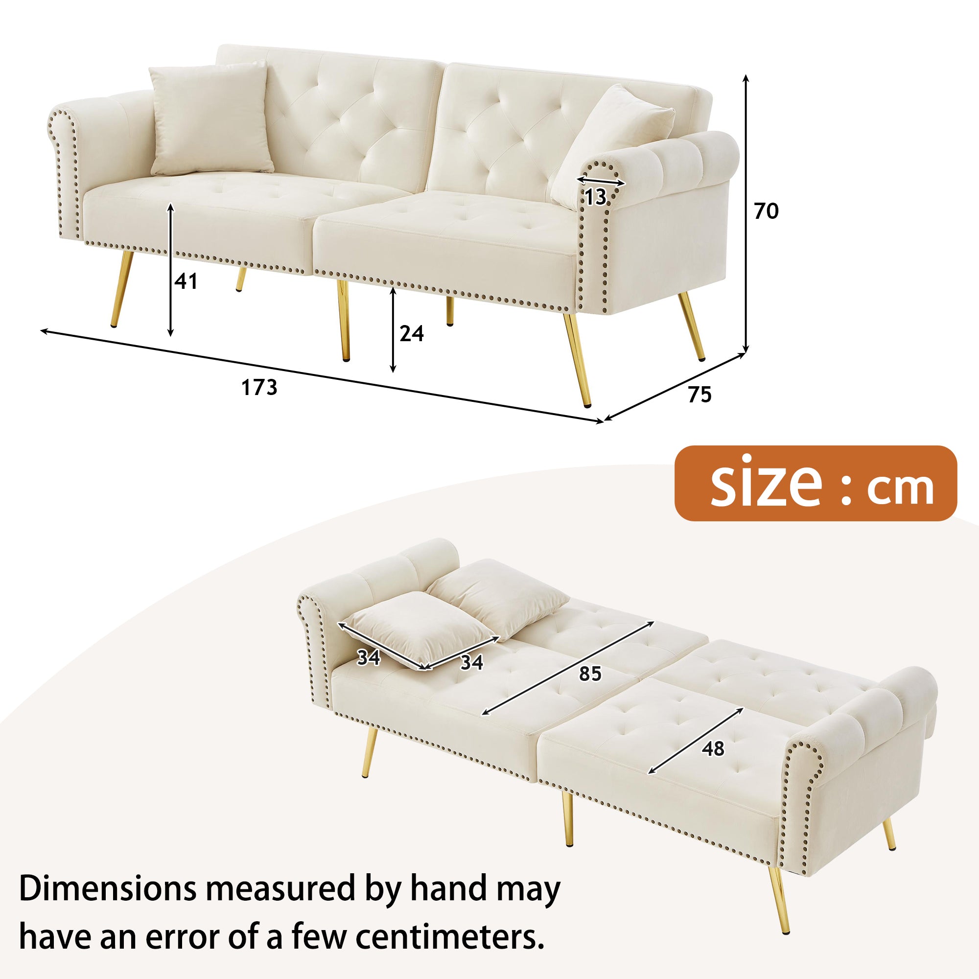 Modern 2-Seater Sofa Bed with 3-Stage Adjustable Backrest, Velvet