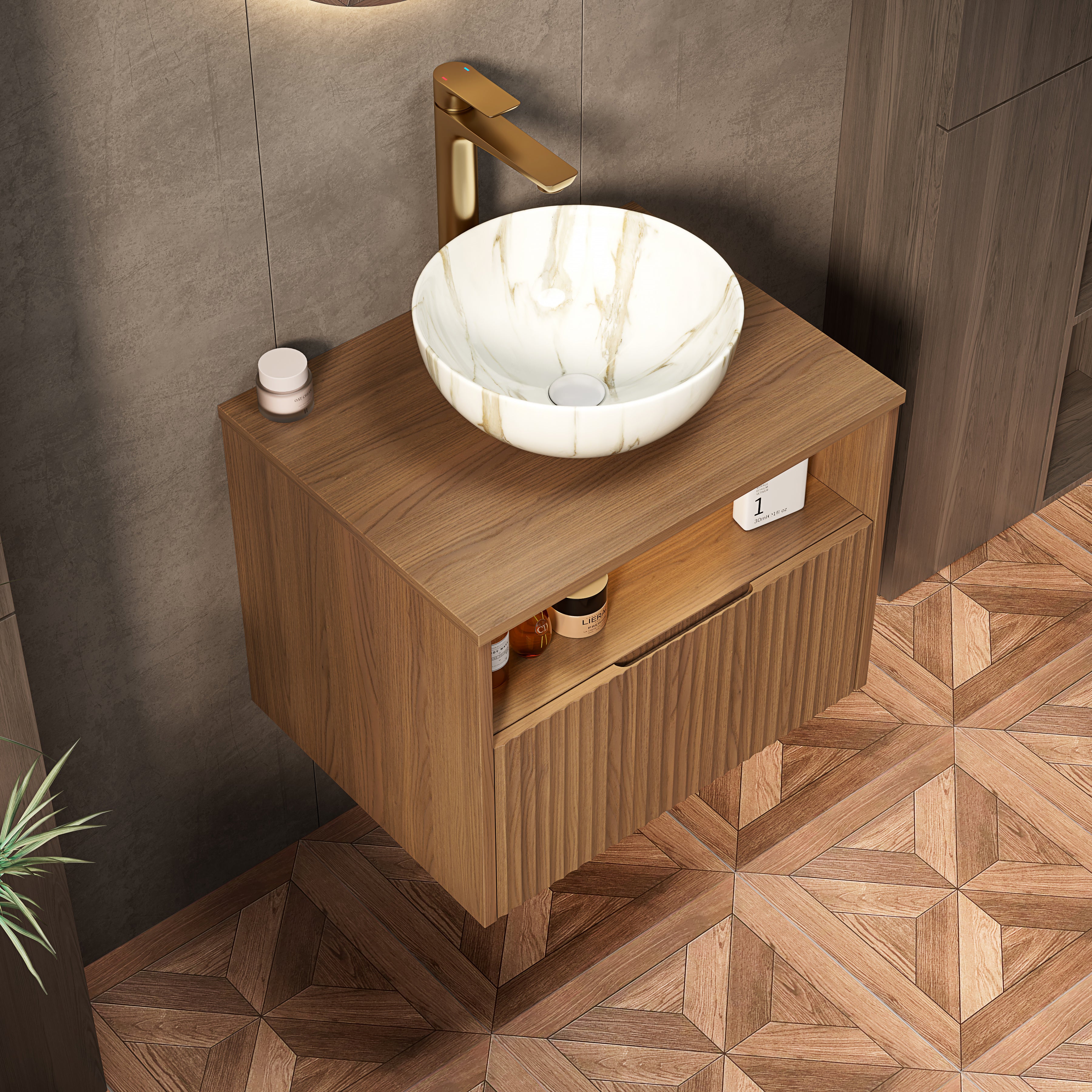 Floating Bathroom Sink with 60cm Ceramic Bowl and Sensor Light, Espresso Wood Grain