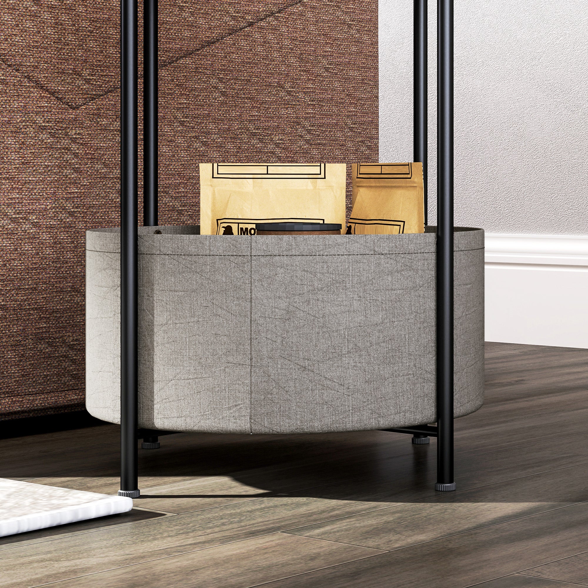 Side Table, Round Coffee Table with Storage, Steel, Grey+White