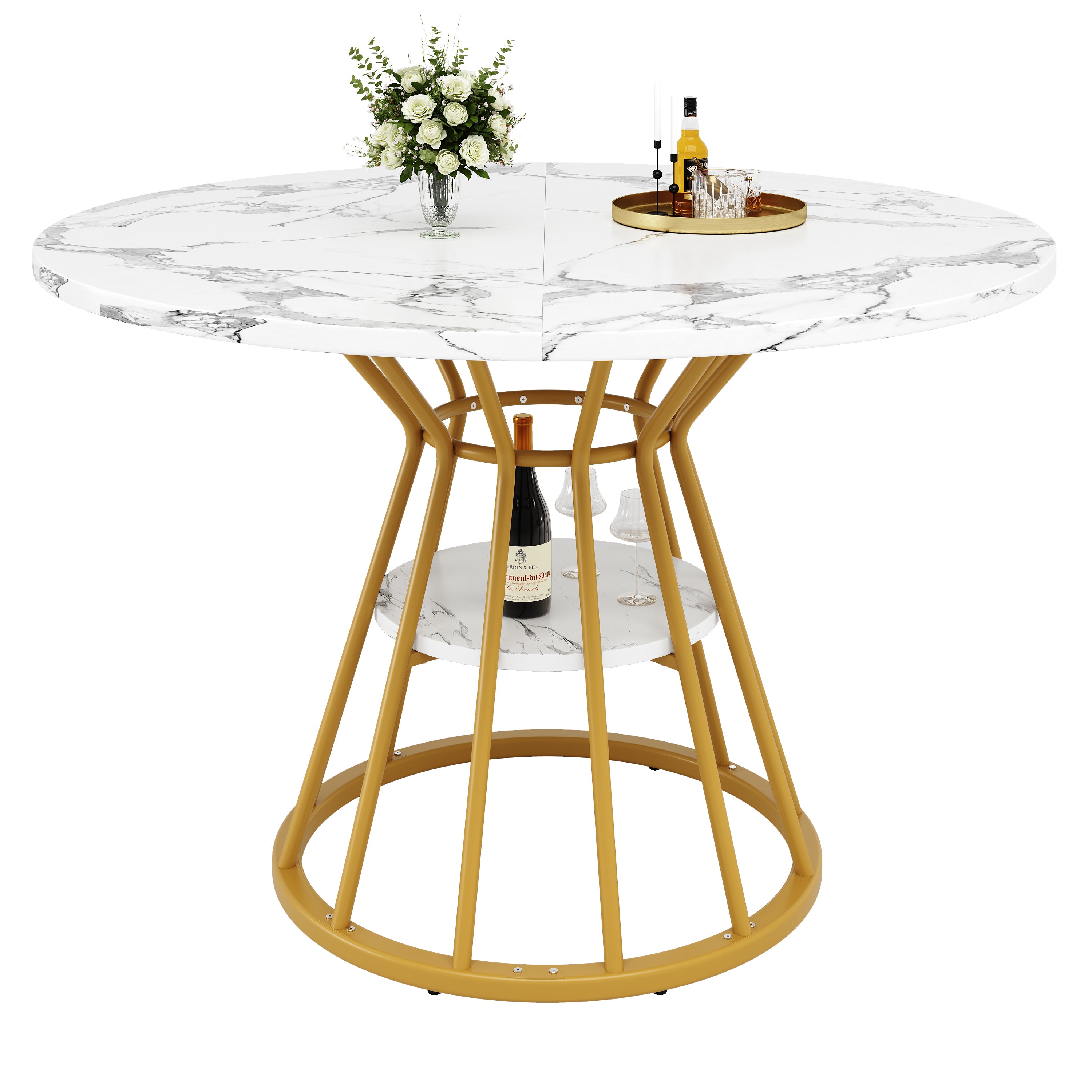 Round Dining Table, Metal Legs Marble Pattern, Gold/Black