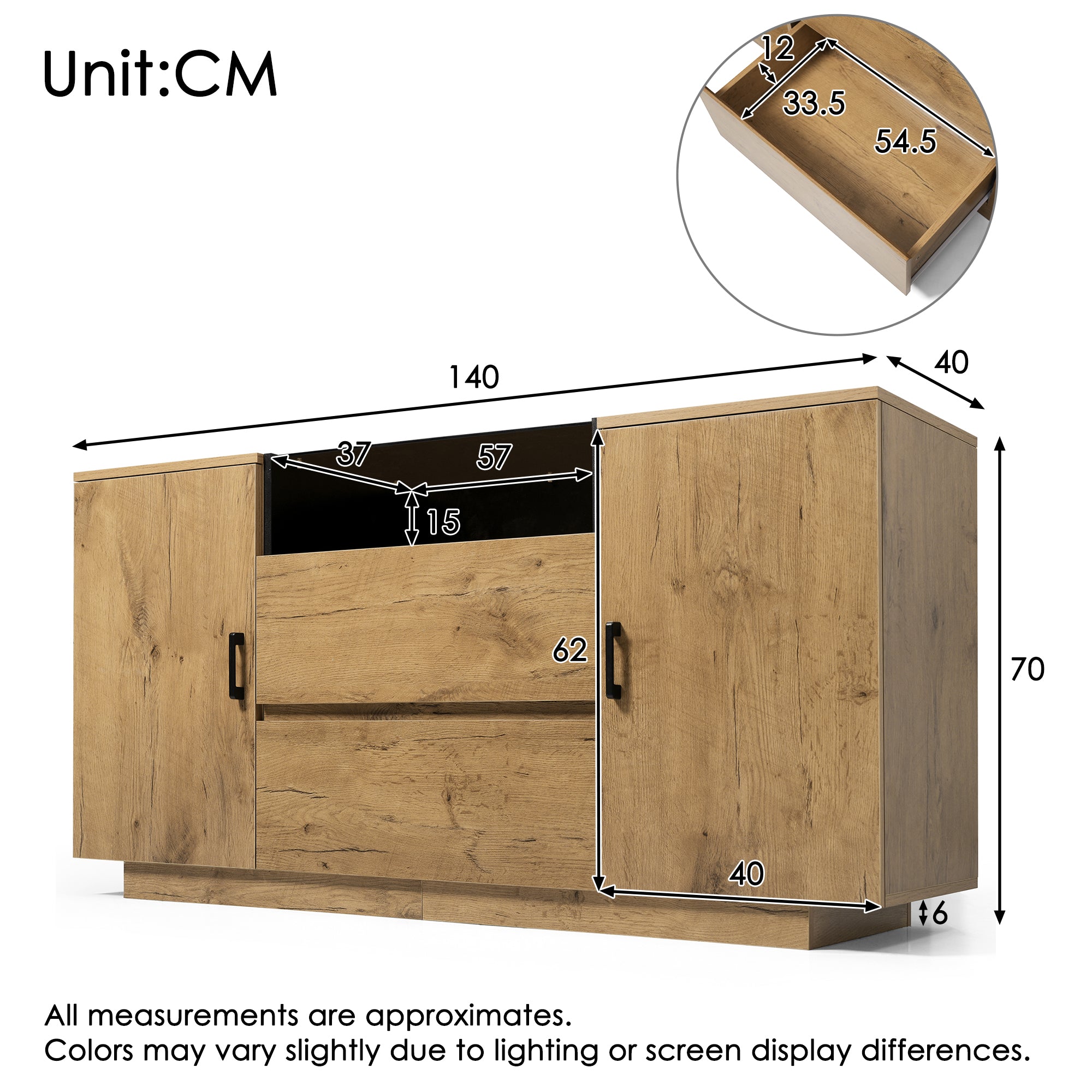 Chest of Drawers Sideboard, 2 Drawers, 2 Cabinets, Open Compartment, Oak-look with Black Handles