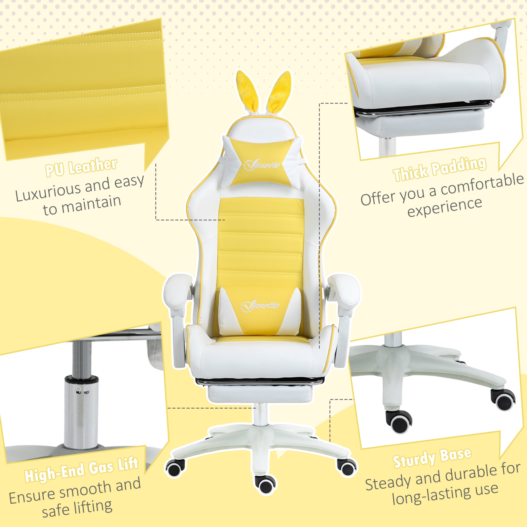 Racing Gaming Chair Reclining with Rabbit Ears Footrest Faux Leather Yellow