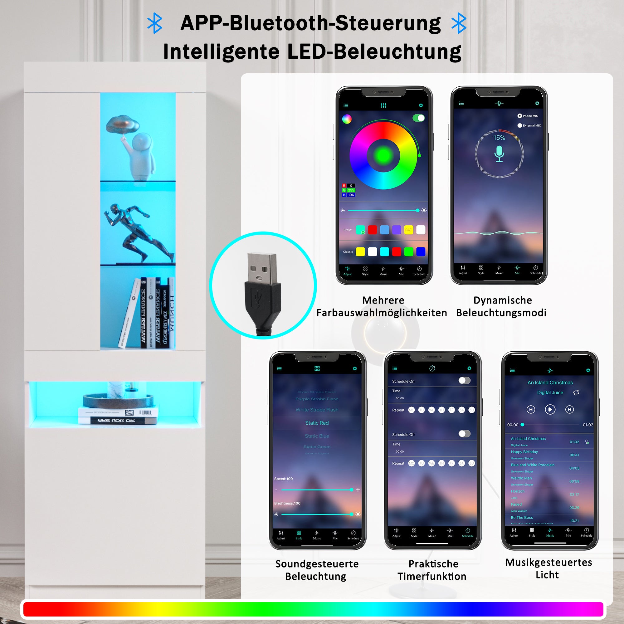 Display Cabinet, 16-Color LED, Freestanding Storage, White