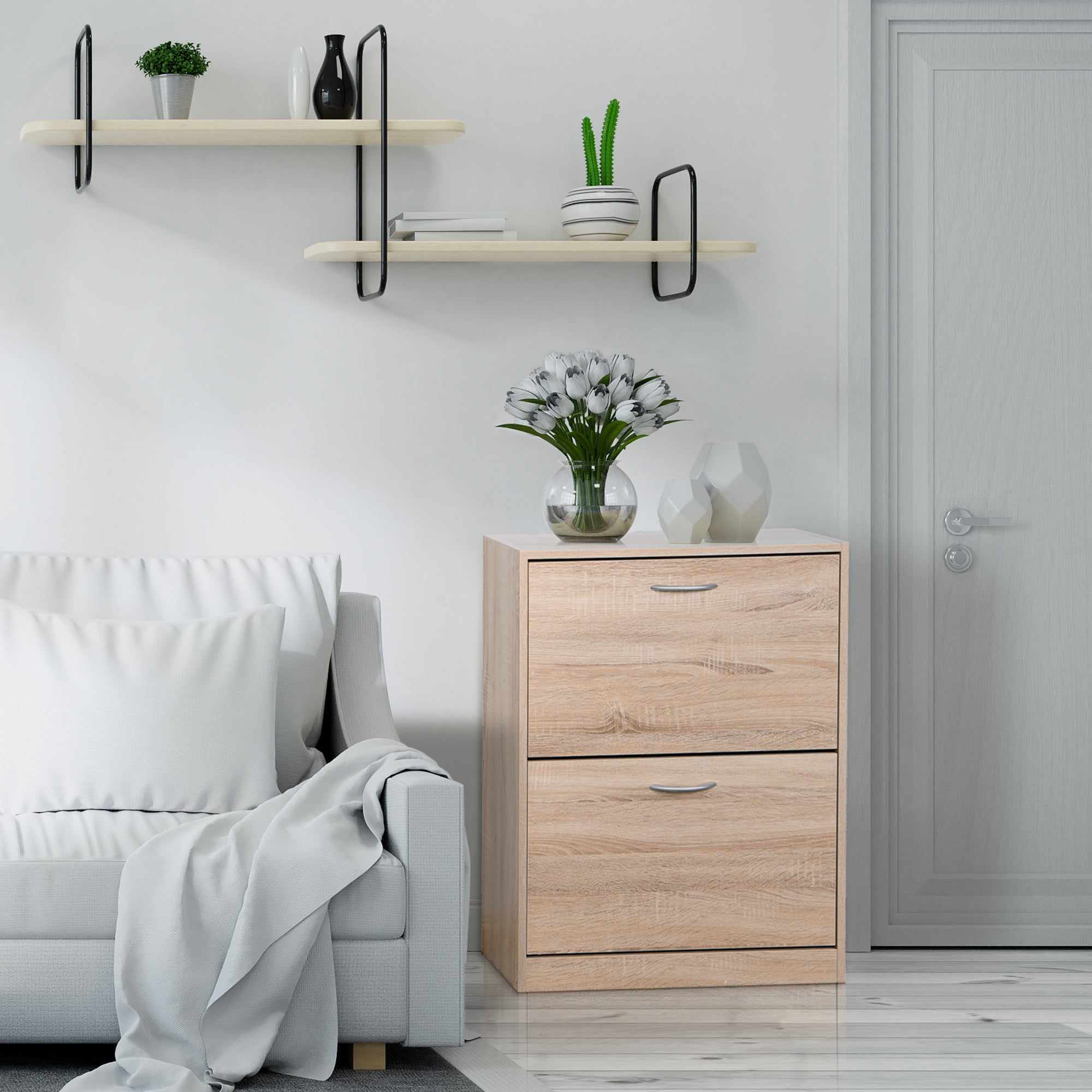 Wooden Shoe Cabinet, 2 Hinged Doors Entryway Storage, Vintage Wood Grain